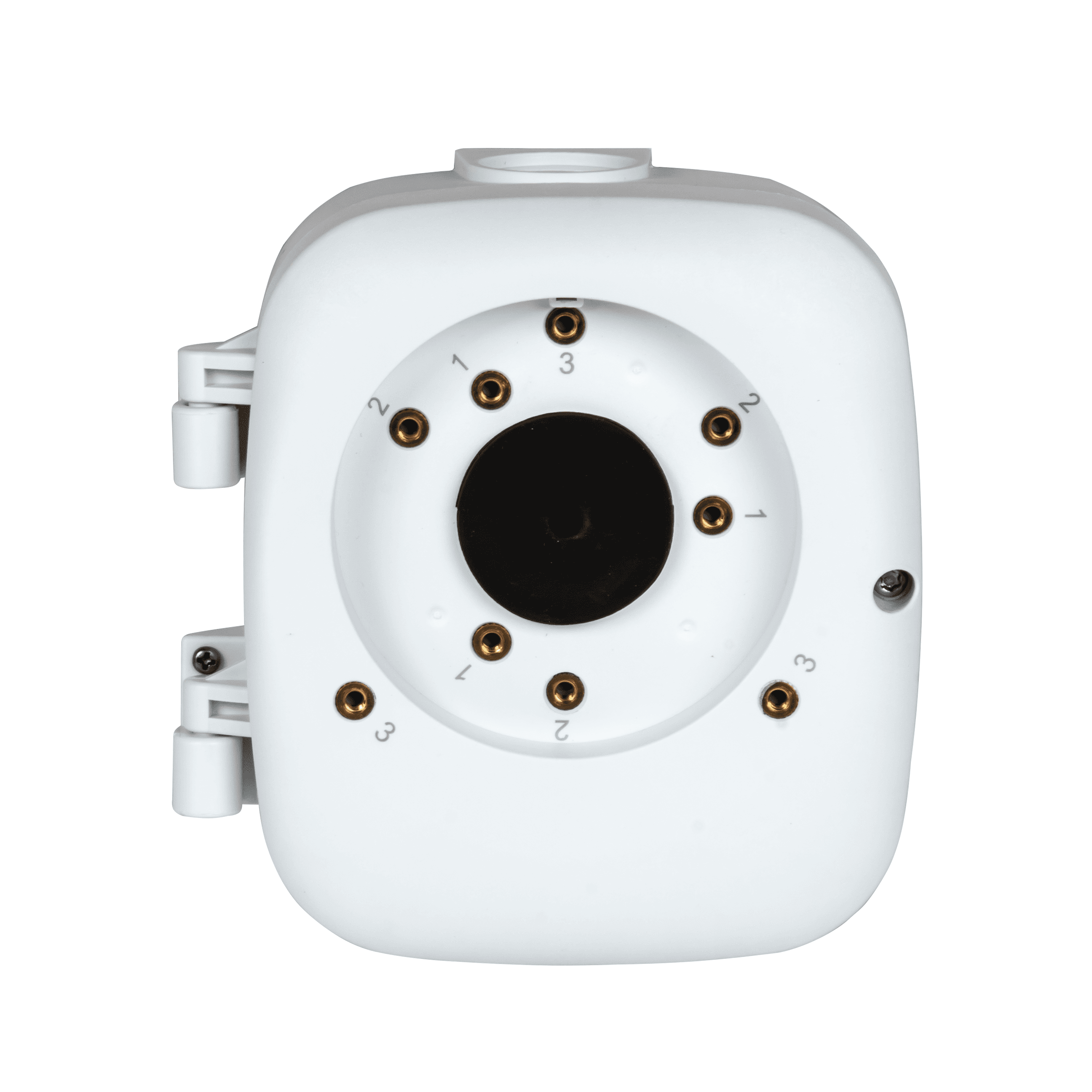 Bolide BP-JB-BOX viewed face-on, showing the camera mounting hole pattern and the side hinge brackets - manufacturer product image