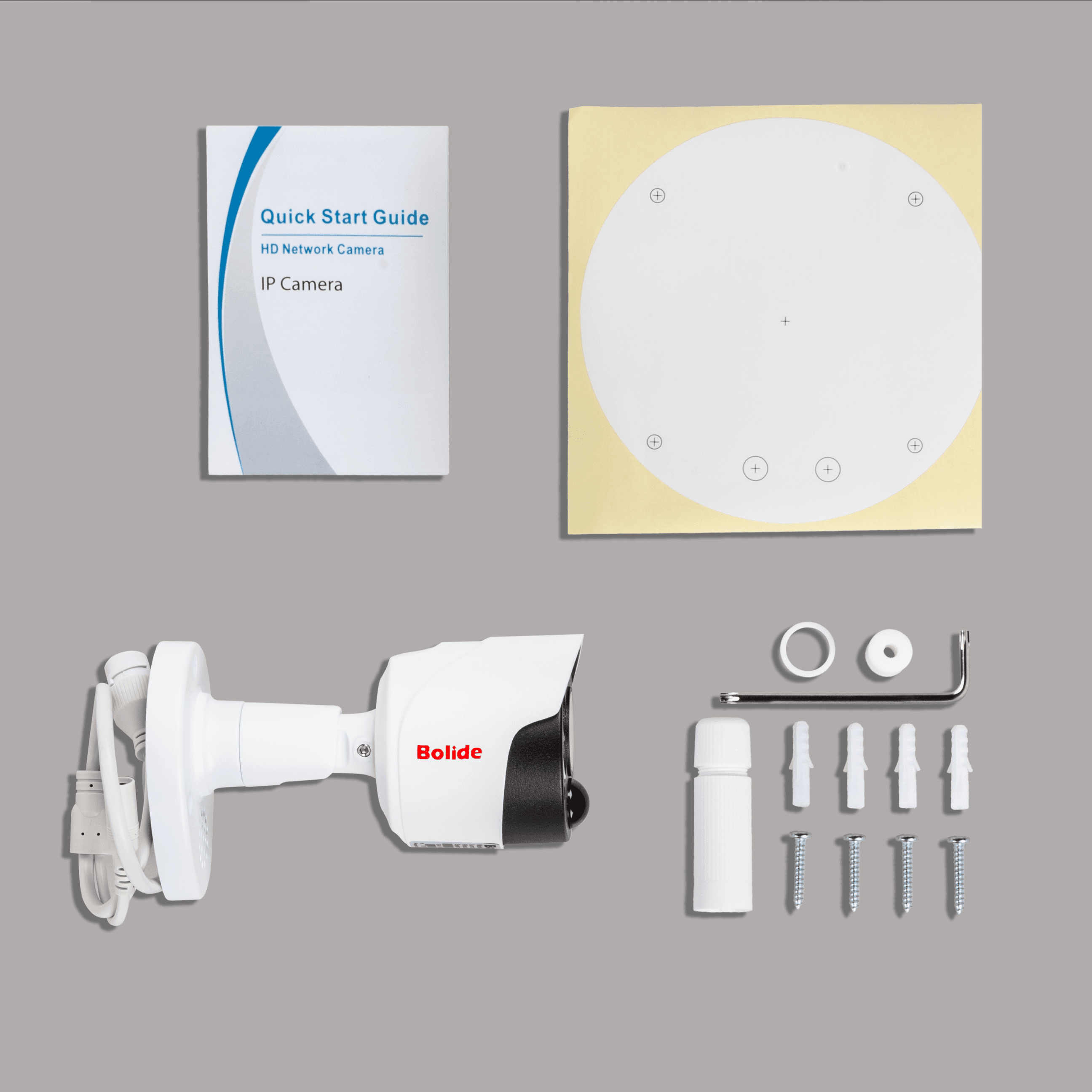 Bolide BN8035F/NDAA shown with everything in the box: the camera on its wall mount, the drilling template, wall plugs and screws, and the Allen key - manufacturer product image