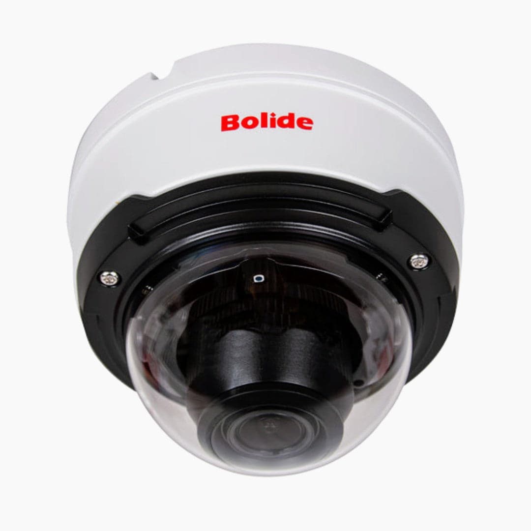 Bolide BN9029AVAIRAI/NDAA vandal dome viewed head-on through the bubble, showing the motorised varifocal lens and IR ring - manufacturer product image; Bolide names these files for the sibling BN8029AVAIRAI, which uses the same dome housing