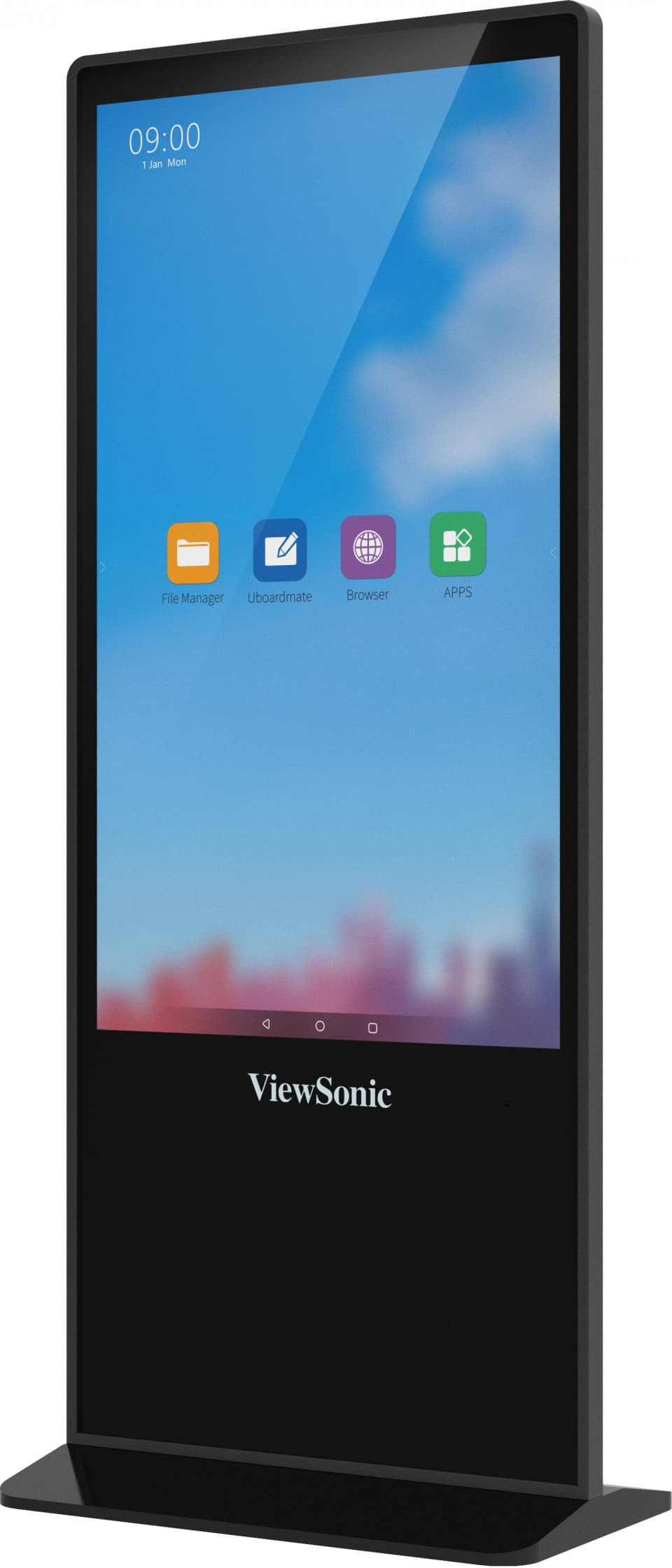 ViewSonic EP5542 55-inch 4K All-in-One Digital ePoster — front three-quarter view from the left. ViewSonic publishes the EP5542T photograph for this model, so this shows the touch variant of the same chassis.