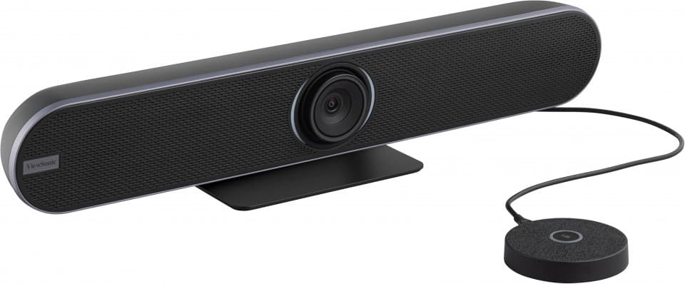 ViewSonic VB-MIC-201 Expansion Microphone for VB-CAM-201 — shown connected to a ViewSonic VB-CAM-201 all-in-one conference camera bar.