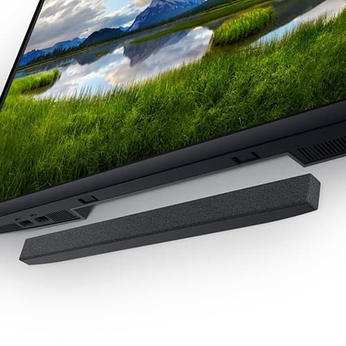 Dell Slim Soundbar SB521A Monitor Sound Bar — close-up of the sound bar attached beneath a monitor, showing the controls and headphone jack. Official Dell product image.