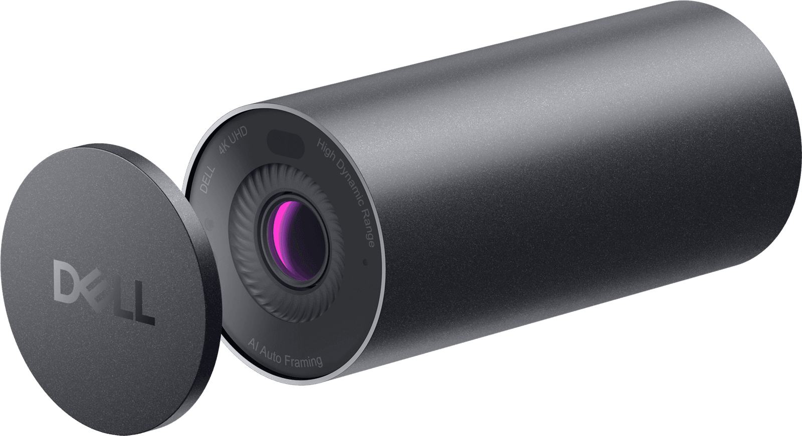 Dell UltraSharp Webcam WB7022 4K UHD Webcam — side view with the magnetic privacy cover detached. Official Dell product image.