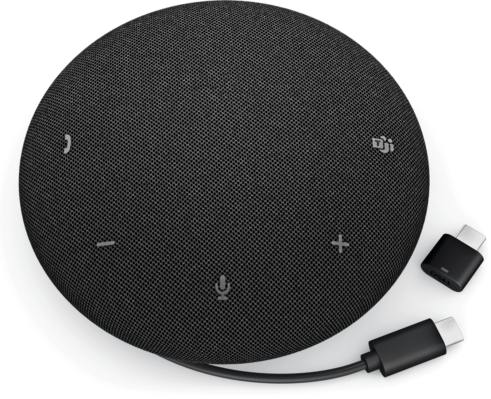 Dell Pro Plus Wireless Speakerphone SL525 — angled top view showing the touch controls and the USB-C charging cable. Official Dell product image.