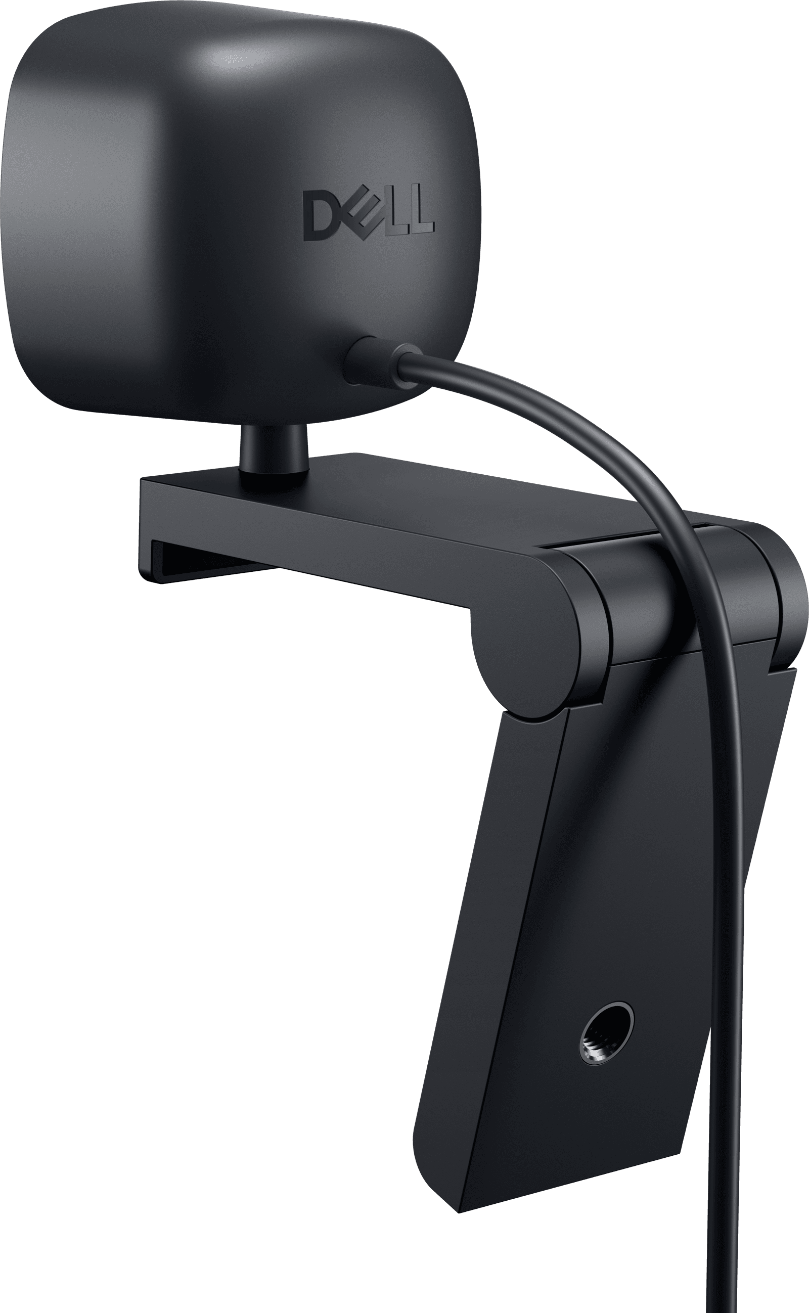 Dell Webcam WB3023 2K QHD Webcam — rear three-quarter view showing the monitor clip and cable. Official Dell product image.