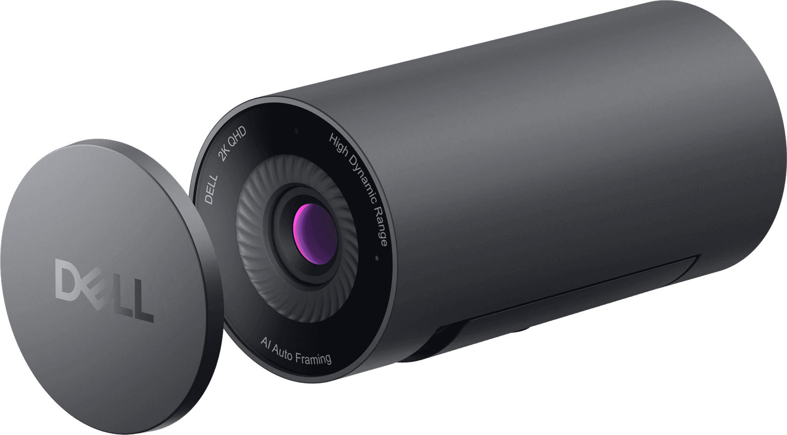 Dell Pro Webcam WB5023 2K QHD Webcam with AI Auto-Framing — side view with the magnetic privacy cover detached. Official Dell product image.