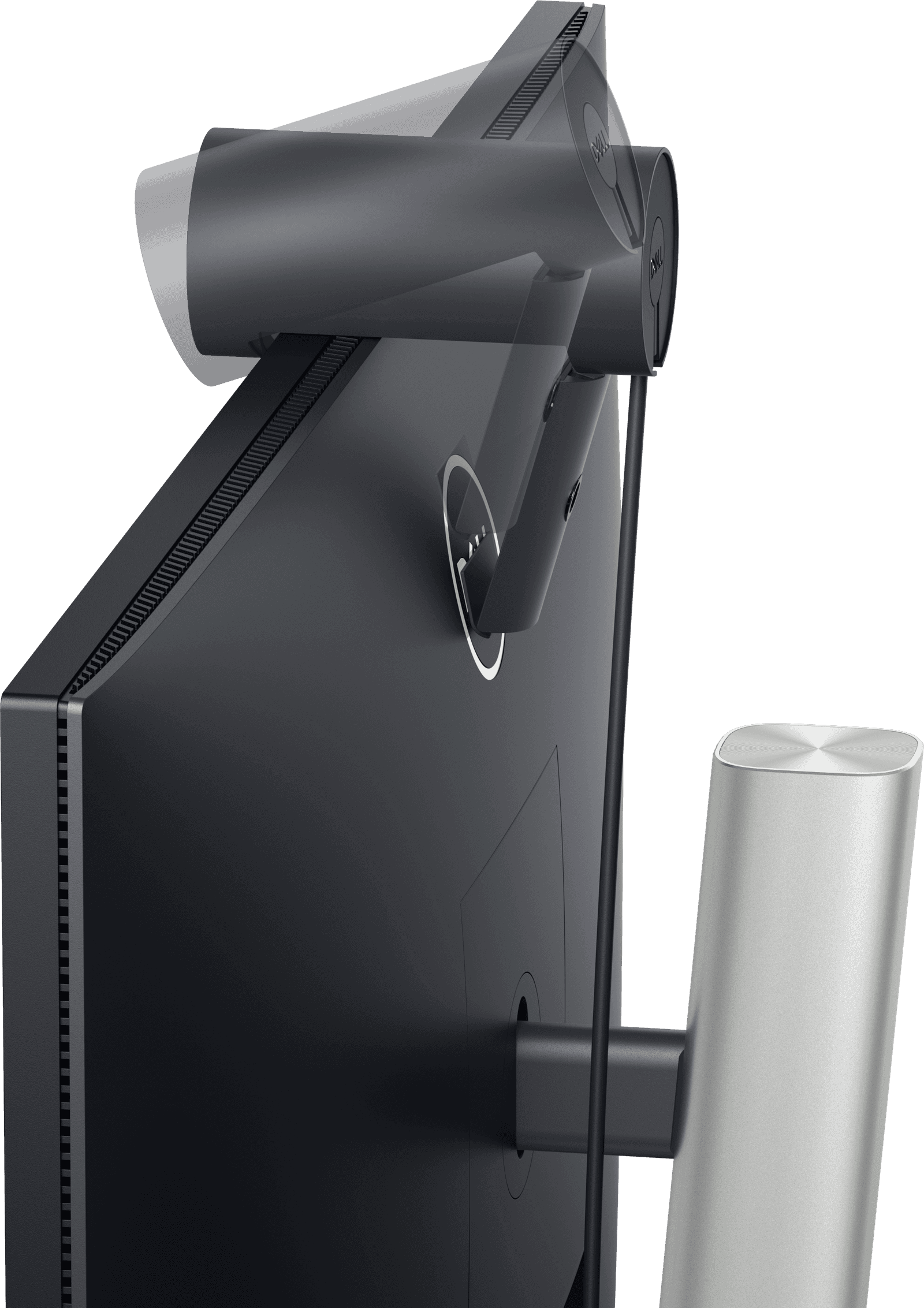 Dell Pro Webcam WB5023 2K QHD Webcam with AI Auto-Framing — mounted on top of a monitor, seen from behind. Official Dell product image.
