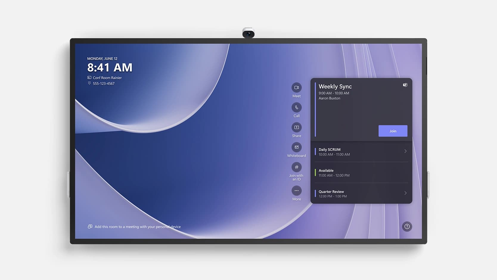 Microsoft Surface Hub 3 85-inch All-in-One Teams Rooms Display — the 85-inch Surface Hub 3 wall-mounted, angled view. Official Microsoft product image.