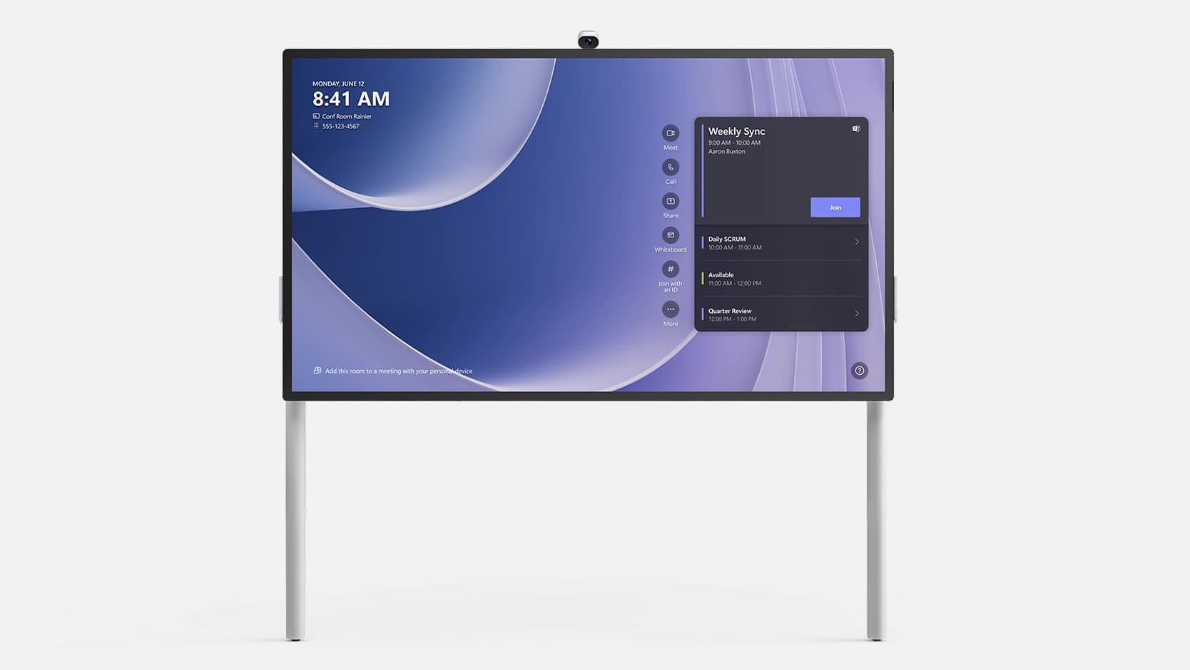 Microsoft Surface Hub 3 85-inch All-in-One Teams Rooms Display — the 85-inch Surface Hub 3 on a floor-supported stand. Official Microsoft product image.