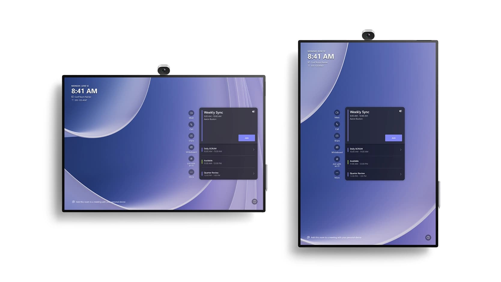 Microsoft Surface Hub 3 50-inch All-in-One Teams Rooms Display — the 50-inch Surface Hub 3 shown in both landscape and portrait orientation. Official Microsoft product image.