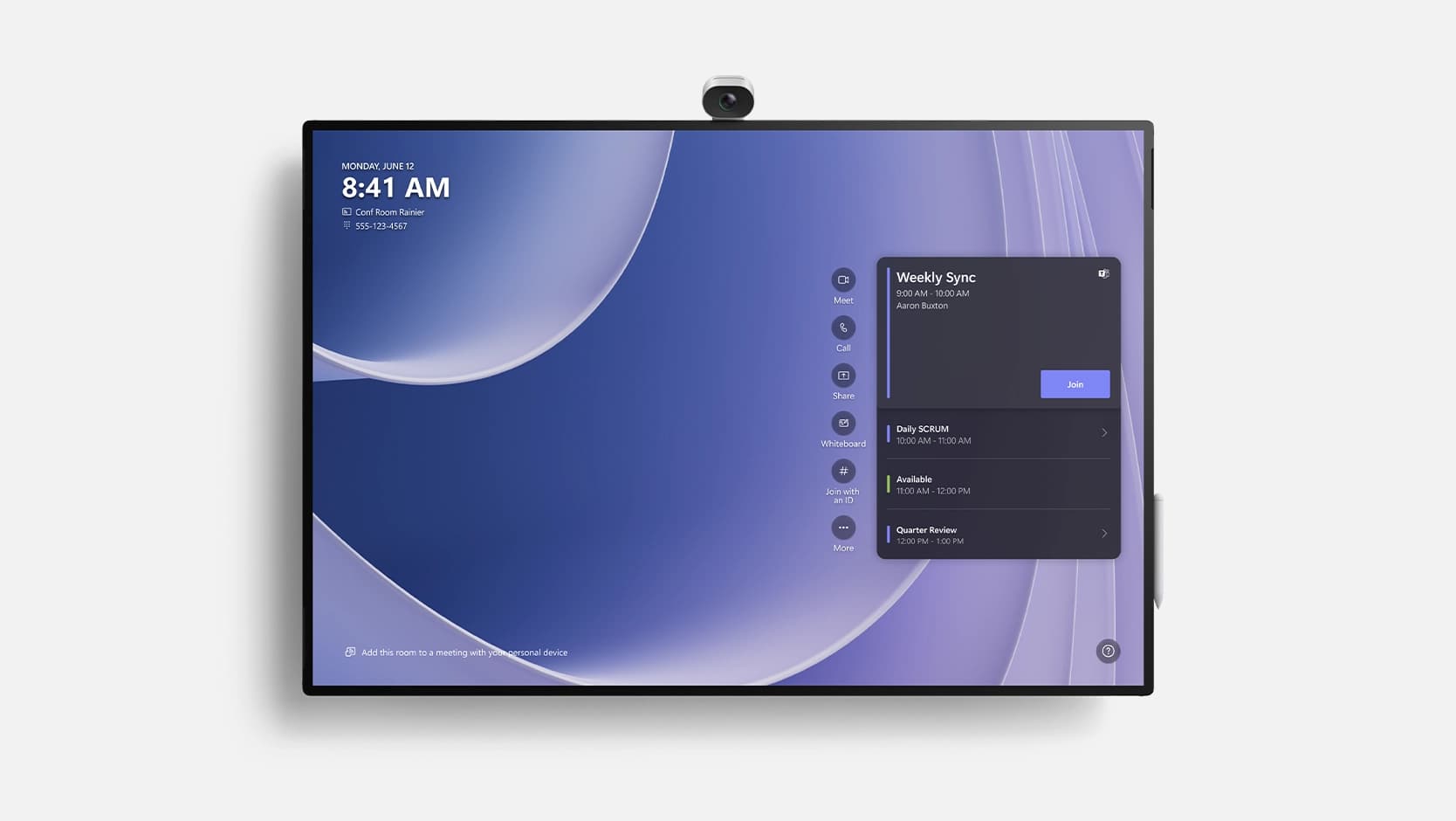 Microsoft Surface Hub 3 50-inch All-in-One Teams Rooms Display — the 50-inch Surface Hub 3 wall-mounted in landscape with the Smart Camera on top. Official Microsoft product image.