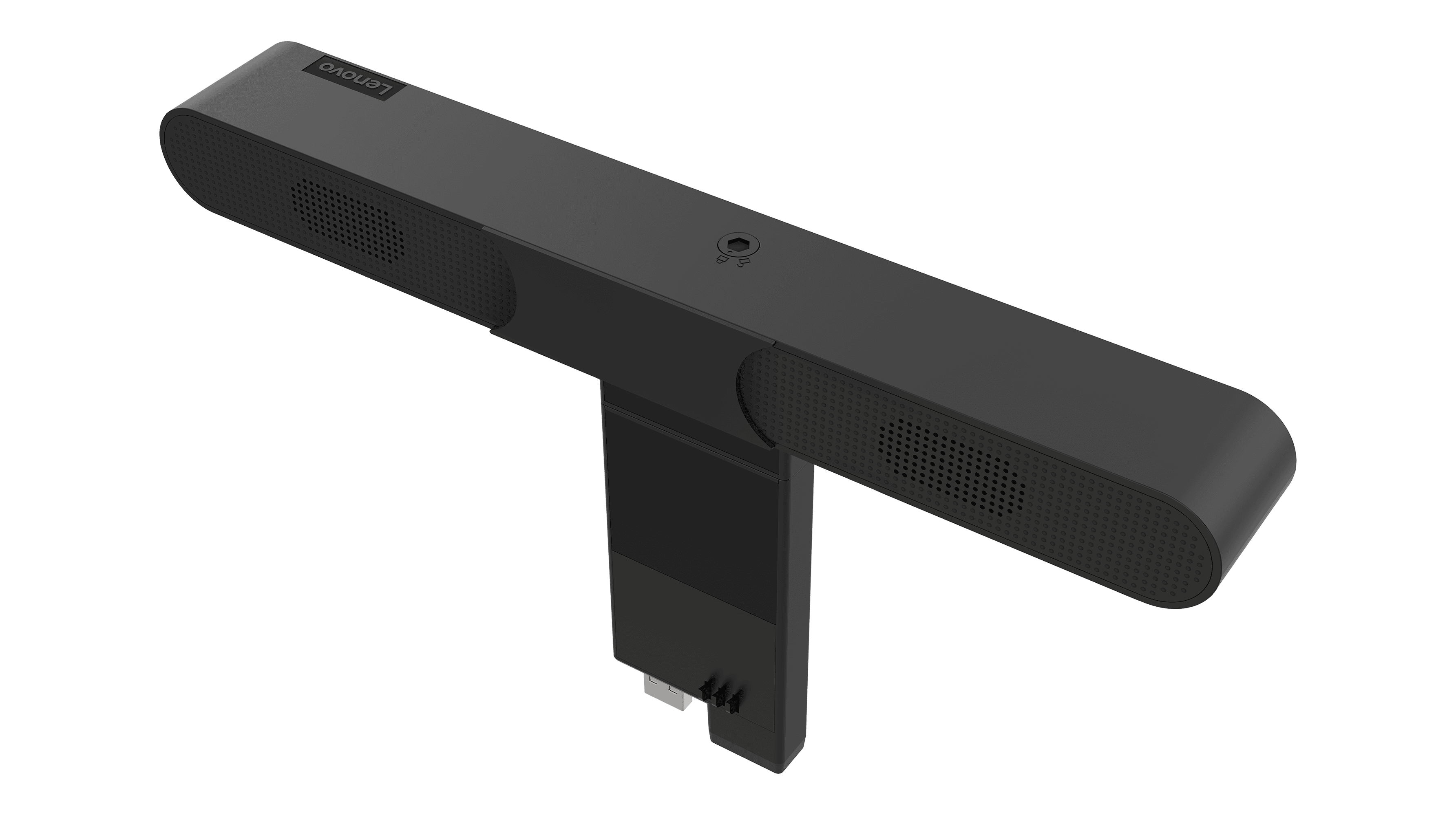 Lenovo ThinkVision MS30 (S) Monitor Sound Bar Short Stand — three-quarter view of the sound bar clipped to a monitor. Official Lenovo product image.