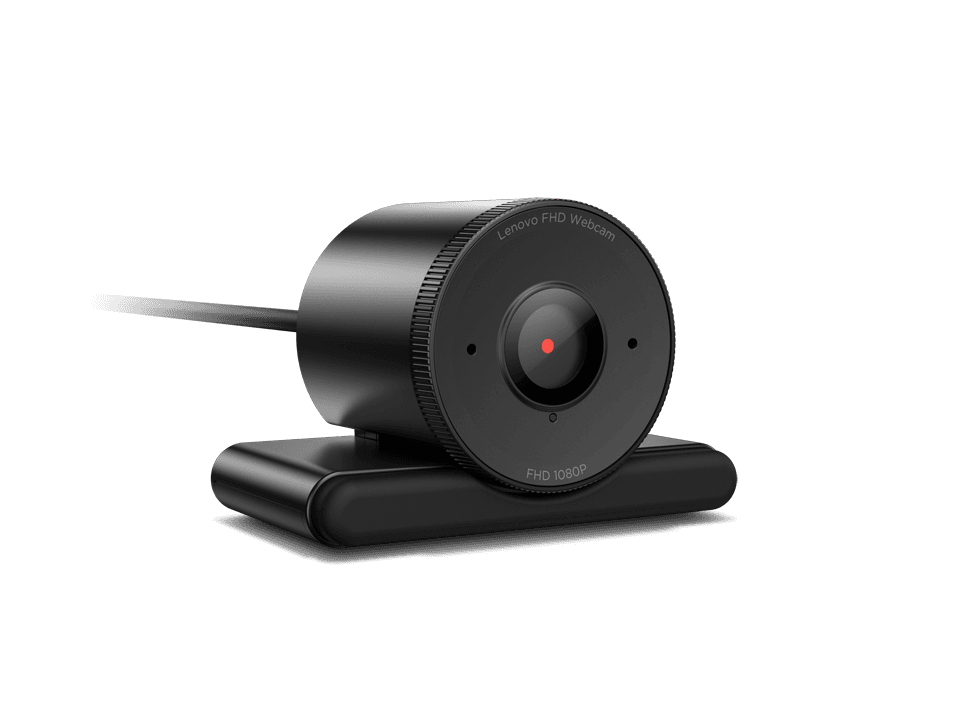 Lenovo FHD Webcam 1080p USB-A — three-quarter view showing the lens and stand. Official Lenovo product image.
