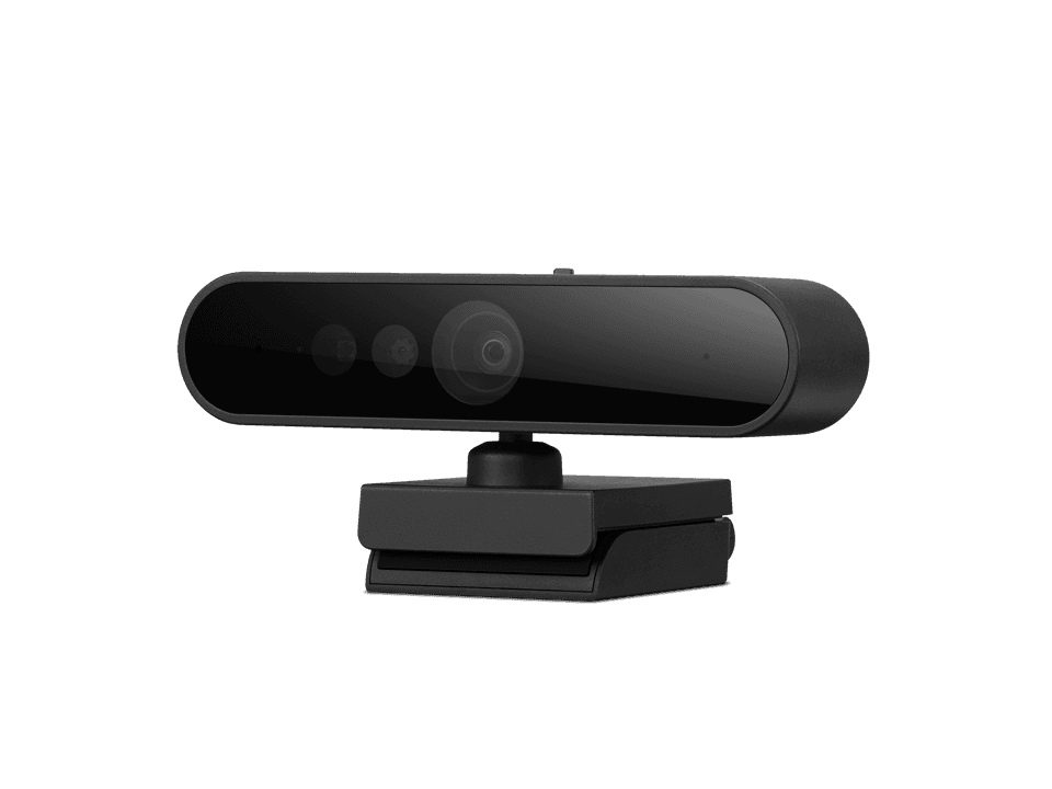 Lenovo Performance FHD Webcam with Windows Hello and Pan/Tilt — three-quarter view of the webcam on its monitor clamp. Official Lenovo product image.