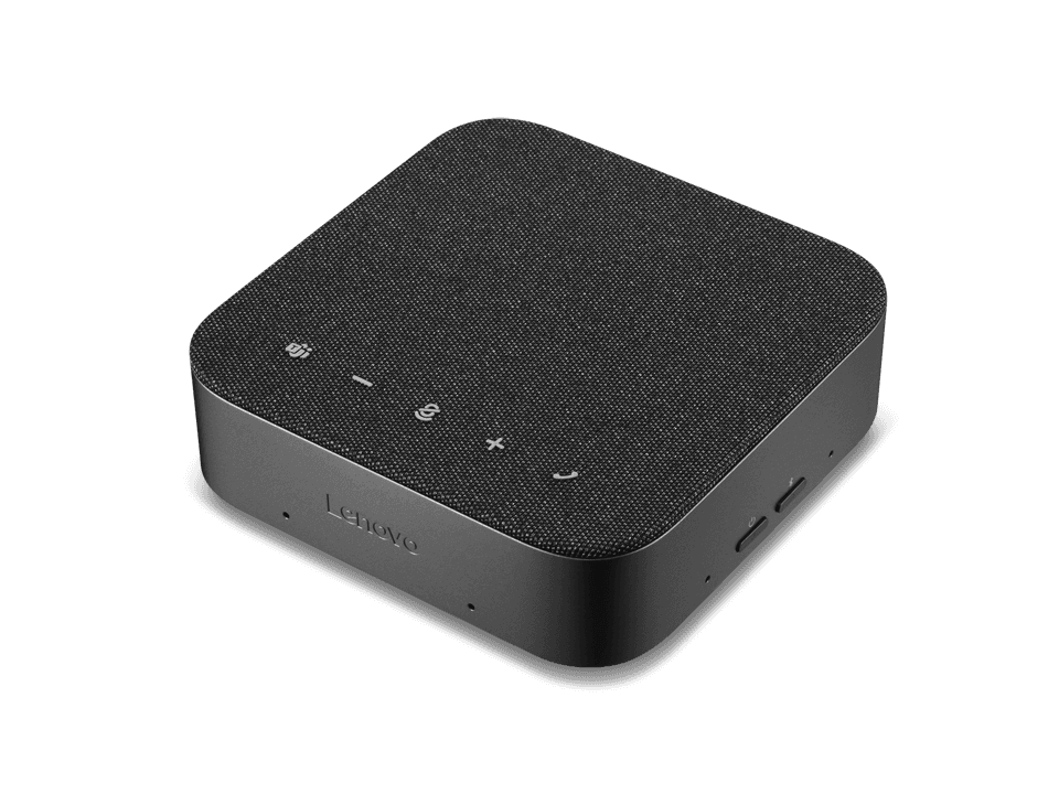 Lenovo Wireless Speakerphone 6000 — three-quarter view showing the fabric-topped body and control buttons. Official Lenovo product image.