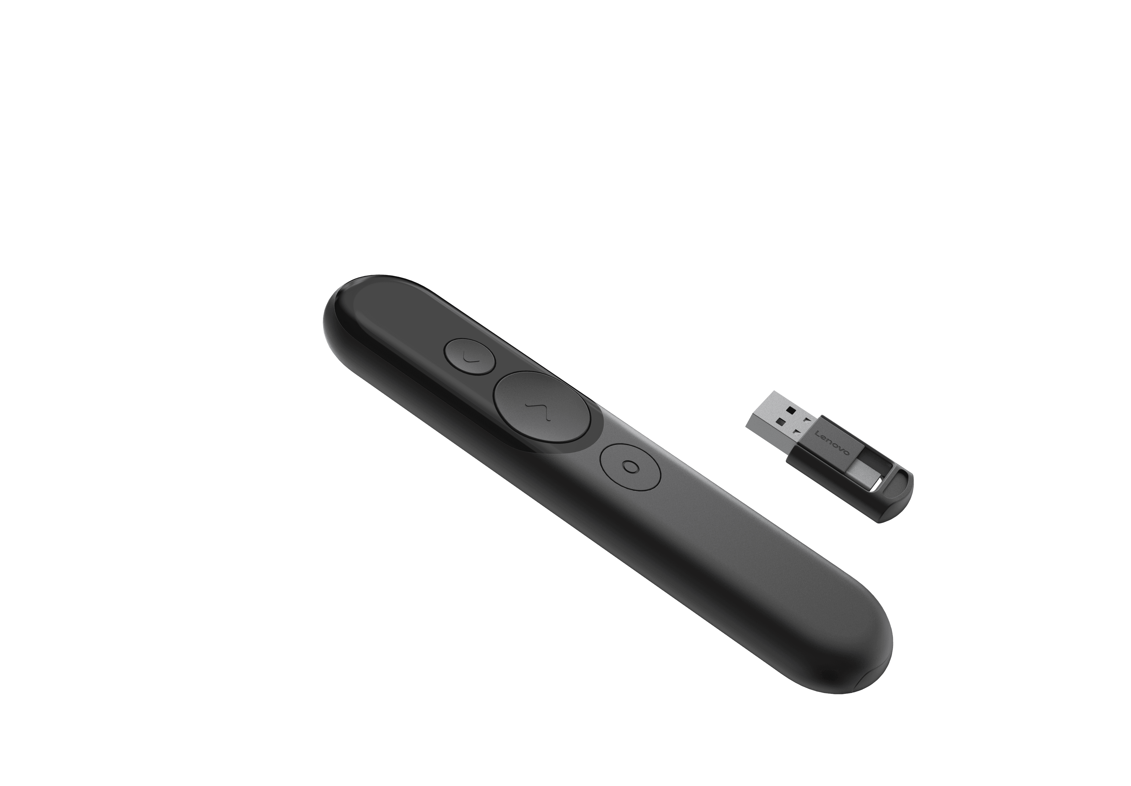 Lenovo Laser Rechargeable Presentation Remote — the presenter alongside its USB wireless receiver. Official Lenovo product image.