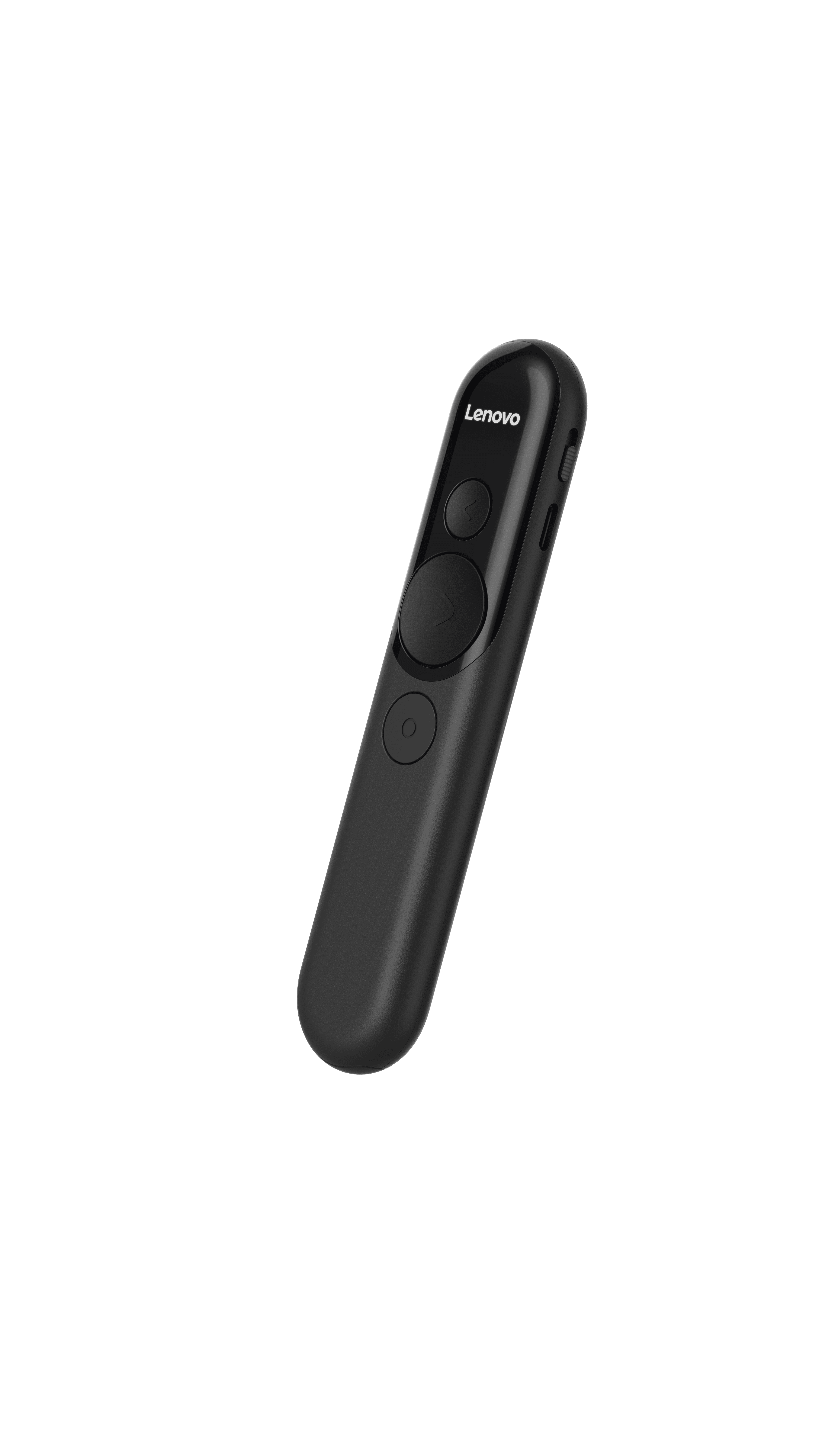 Lenovo Laser Rechargeable Presentation Remote — three-quarter view of the button layout. Official Lenovo product image.