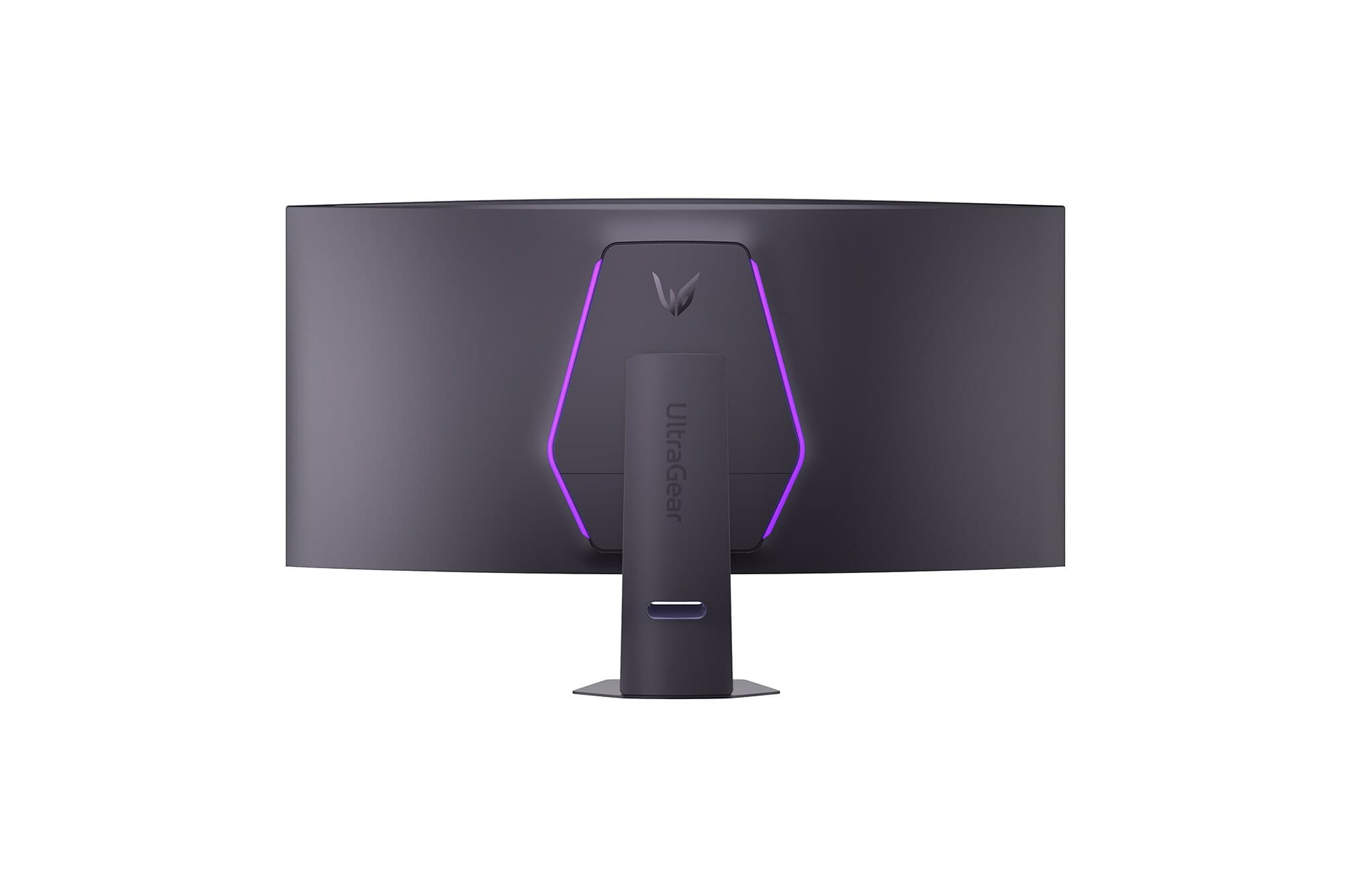 LG UltraGear evo 52G930B-B, rear view on its stand with the hexagon lighting lit