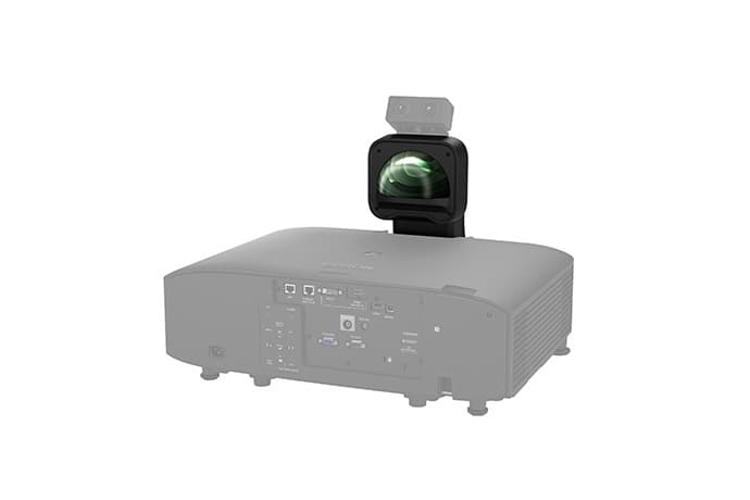 Epson ELPLX01S ultra short-throw lens shown fitted to an Epson installation projector with the external camera