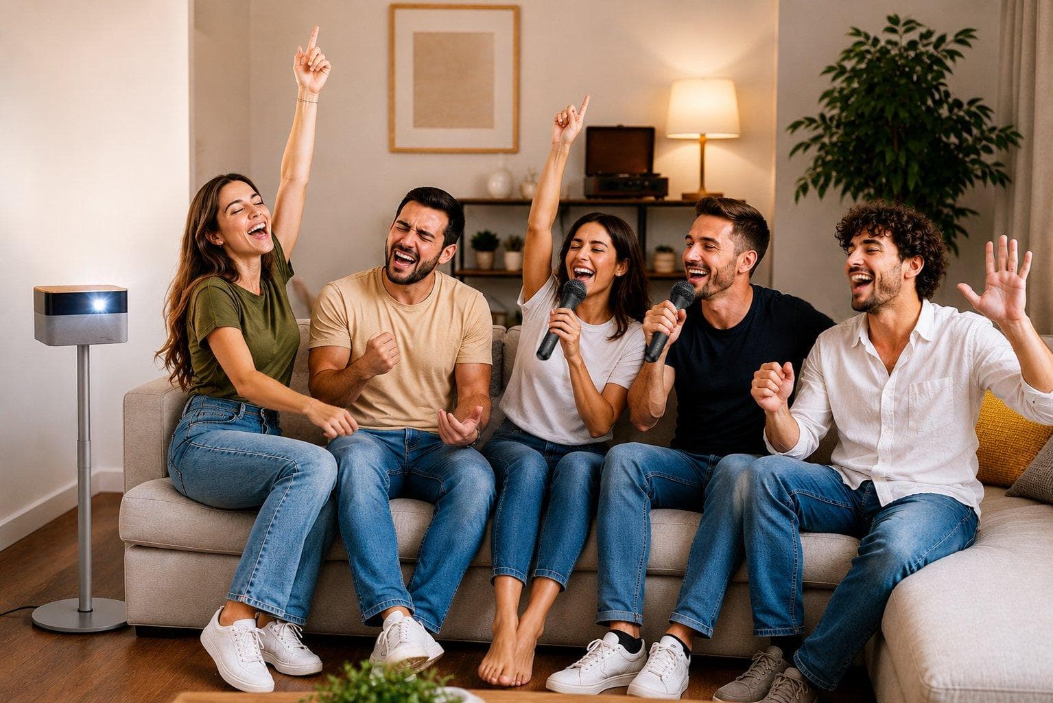 Group singing with the Epson ELPKM01 microphone pair — Epson lifestyle photograph