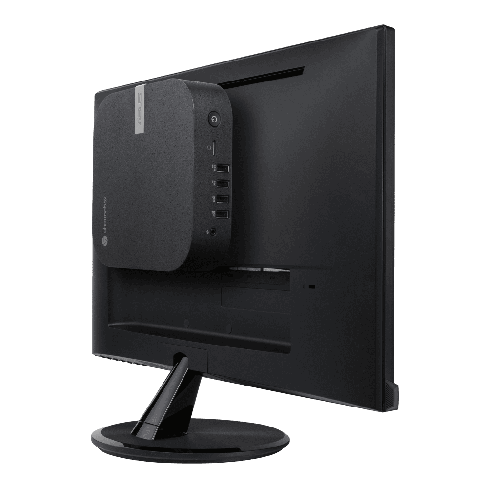 ASUS Chromebox 5a S5007UNA ChromeOS Mini PC (Core i5-1335U, 8GB, 256GB) — the Chromebox VESA-mounted on the back of a monitor. Official ASUS product image.