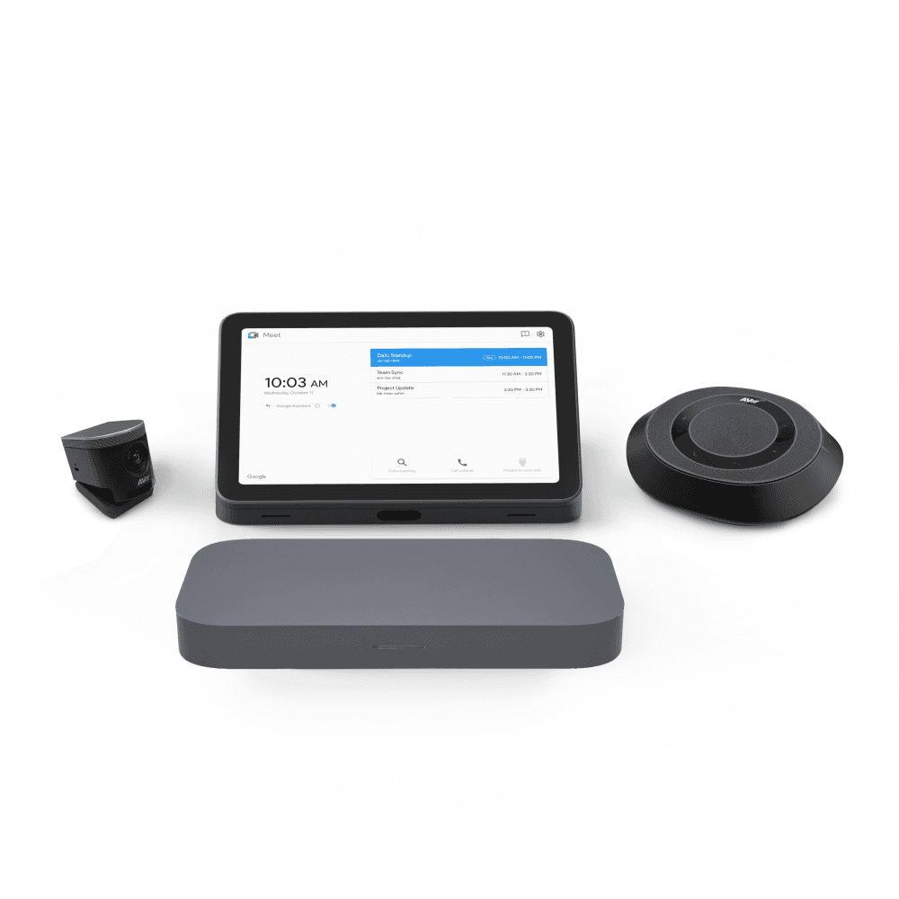 ASUS Room Kit for Google Meet GQE20A Small / Medium Room Kit — the Small / Medium Room Kit components together: ePTZ UHD camera, touch control panel, speakerphone and compute system. Official ASUS product image.