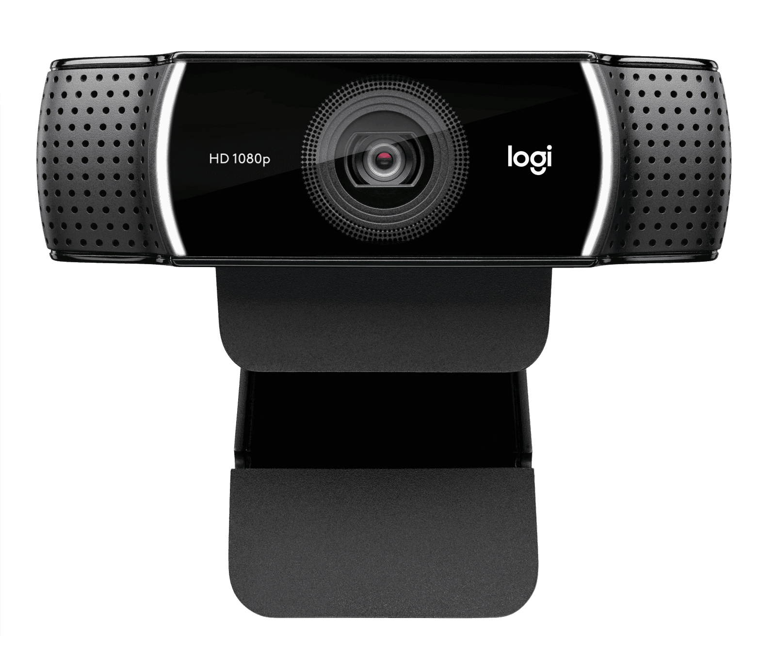 Logitech C922 seen head-on showing the glass lens and dual microphone openings