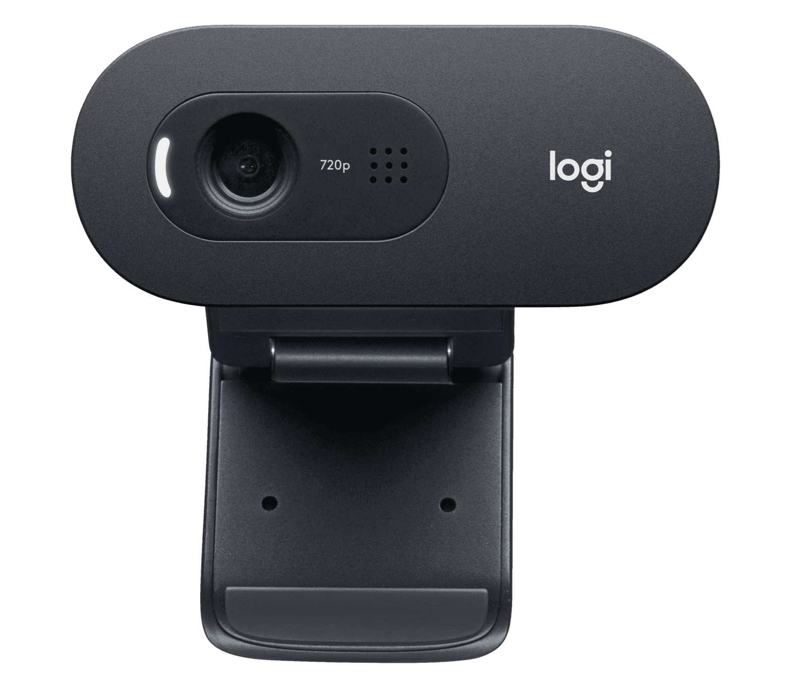 Logitech C505e seen from the front showing the fixed-focus lens and microphone opening