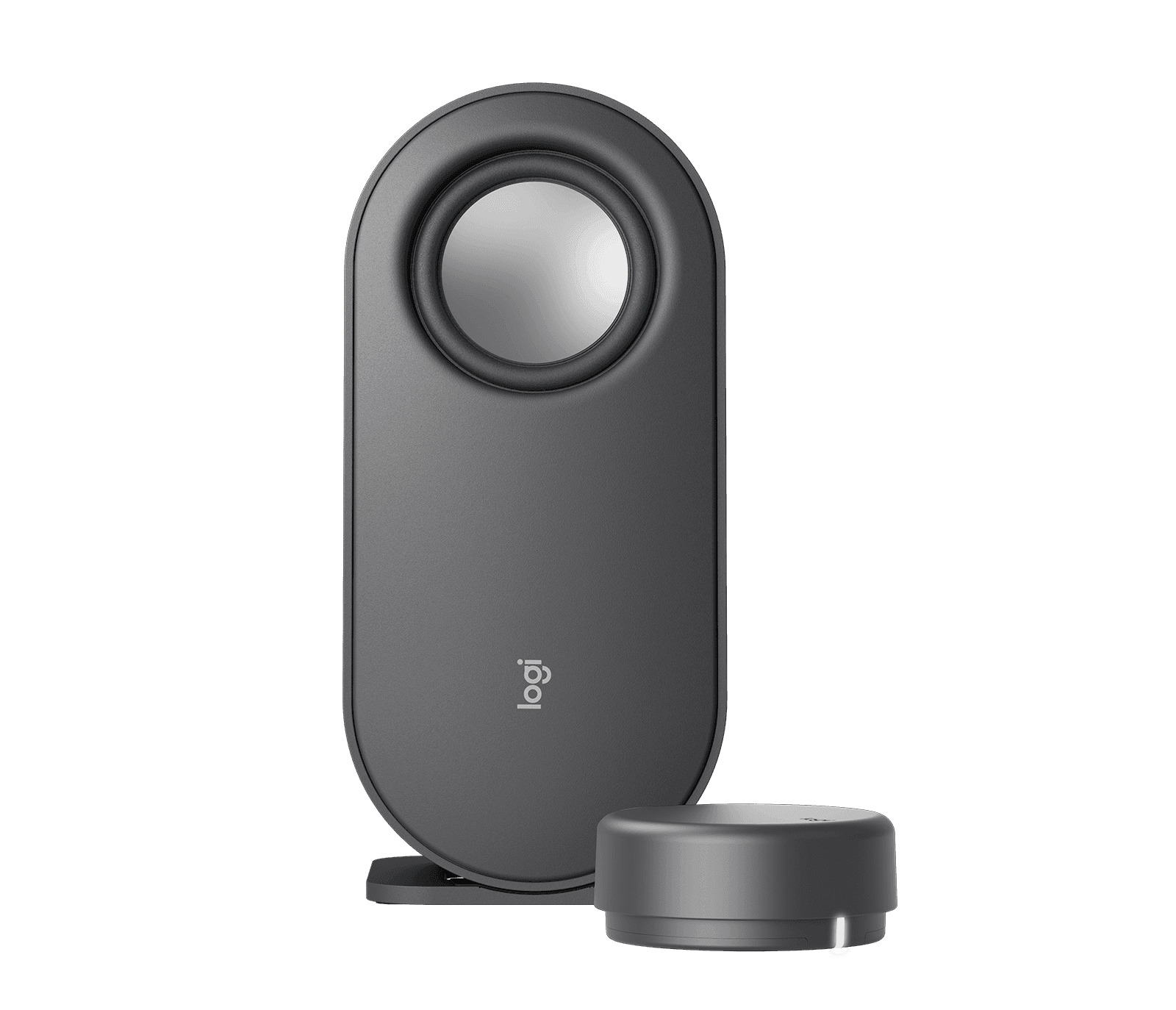 The Logitech Z407 subwoofer in graphite shown at an angle