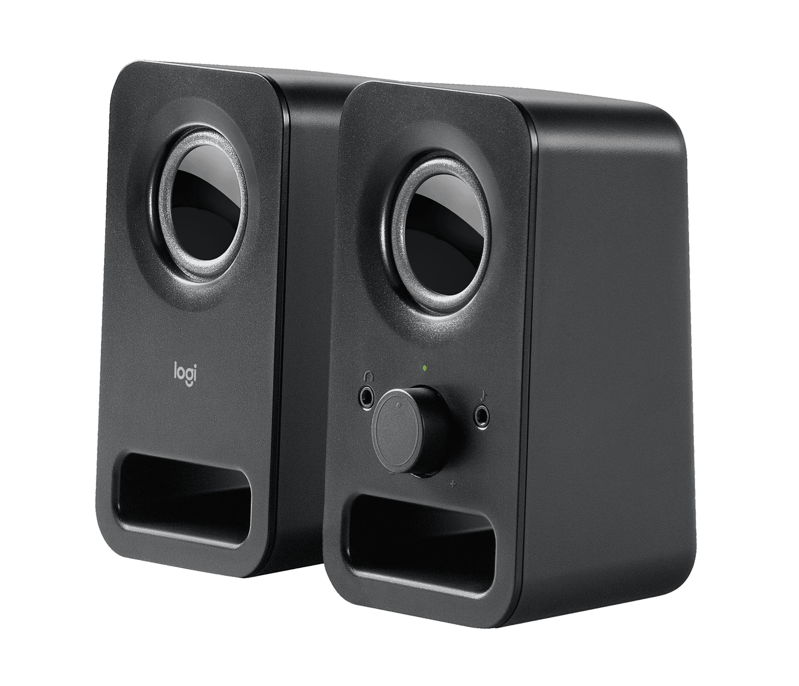 Logitech Z150 speakers at an angle showing the upward-firing cabinet shape