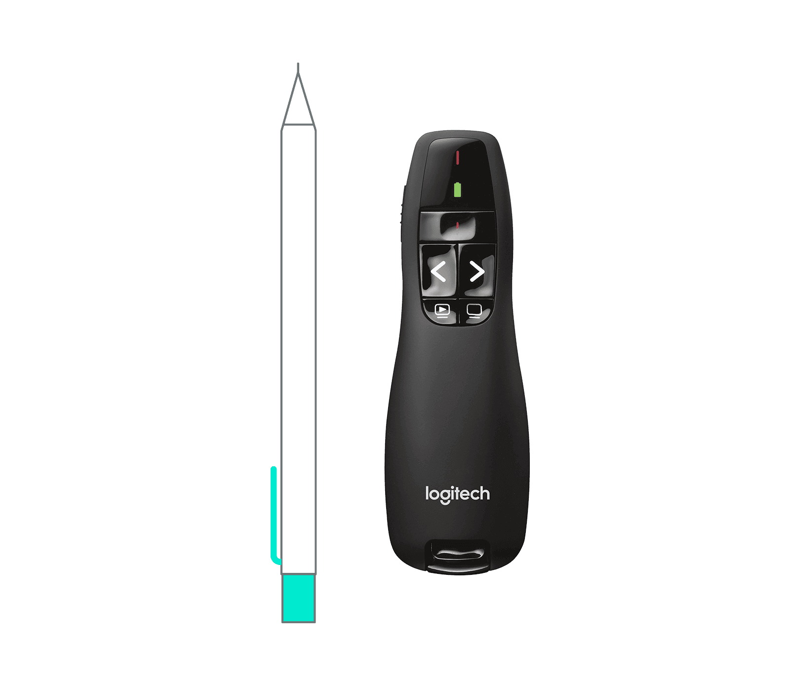 Underside of the Logitech R400 showing the battery compartment and receiver bay