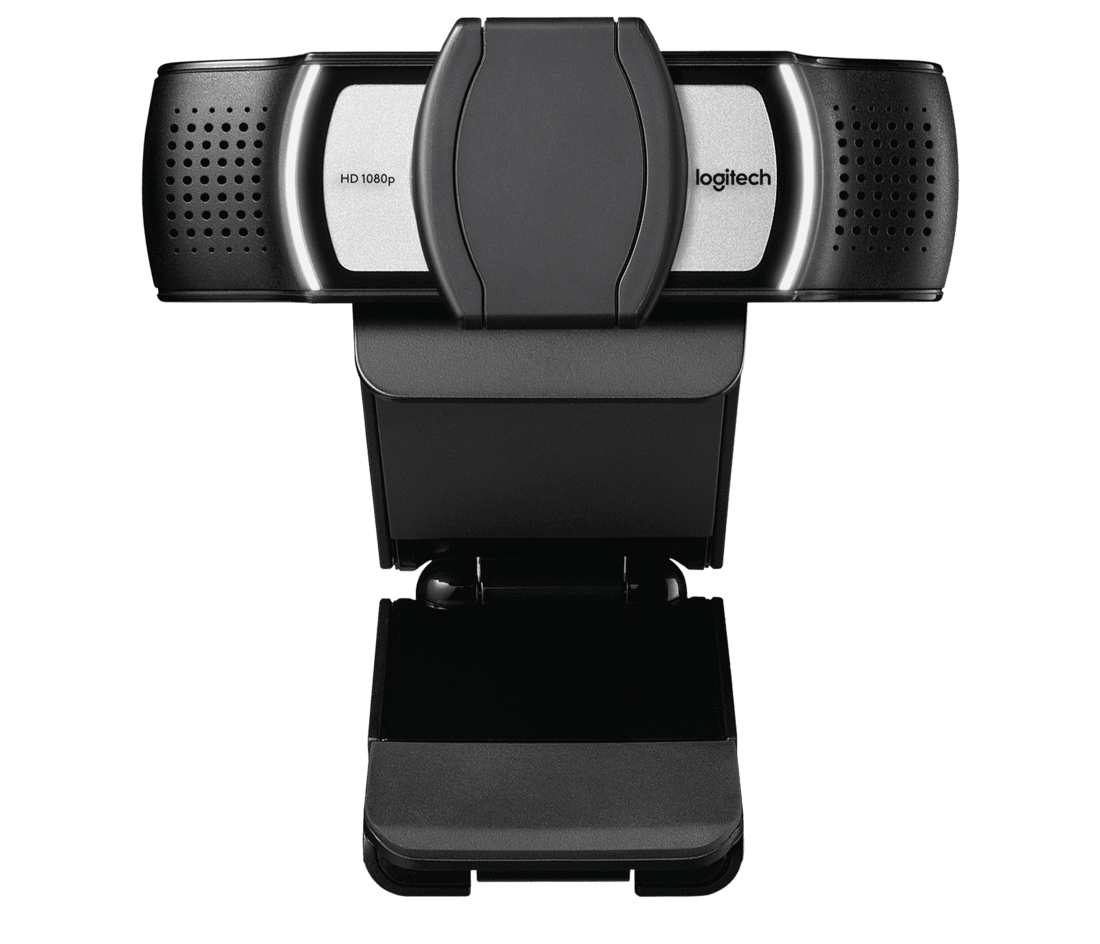 Logitech C930e viewed from the front showing the wide-angle lens and dual microphones
