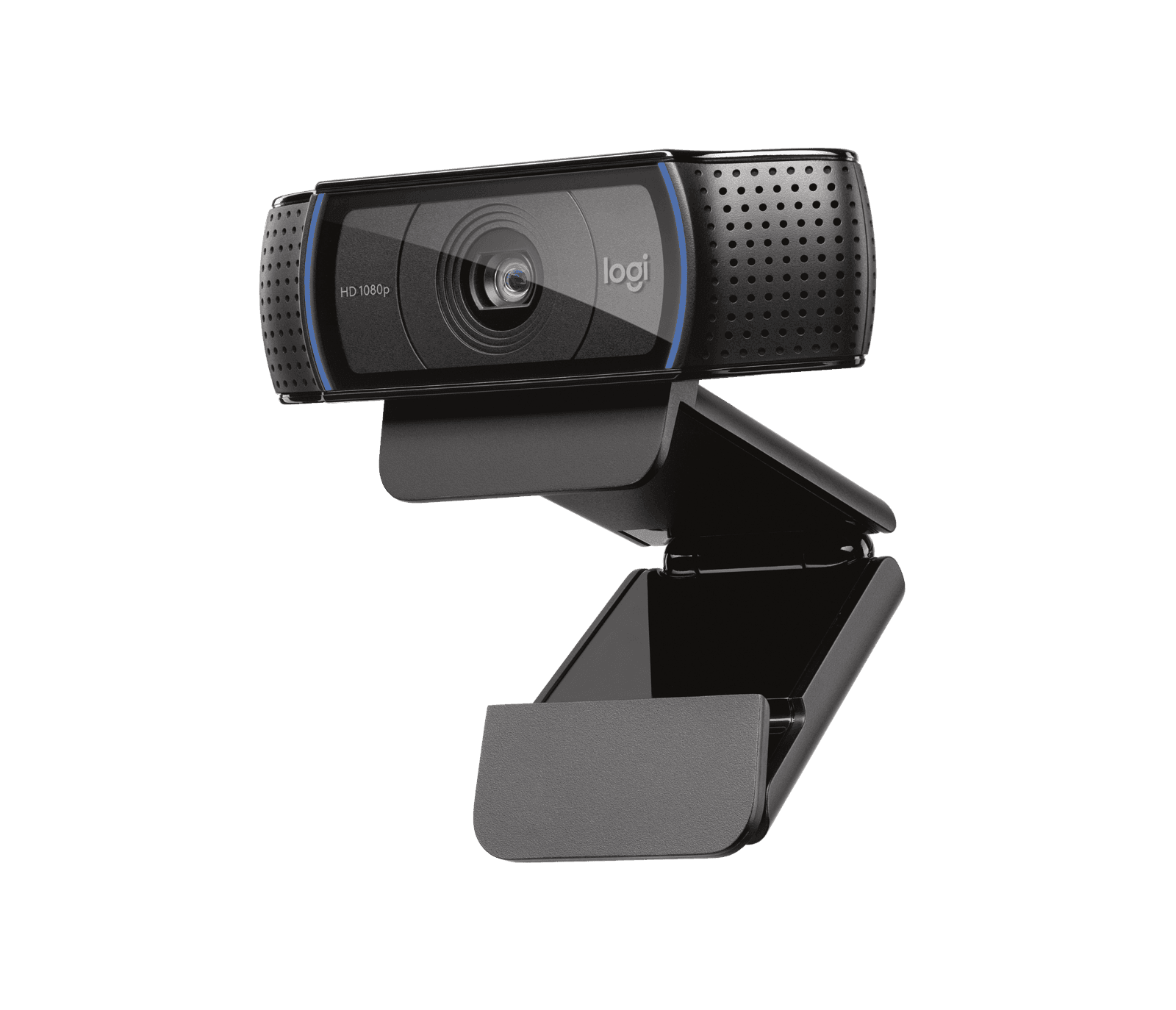 Logitech C920 seen from the front showing the glass lens and the two microphone openings