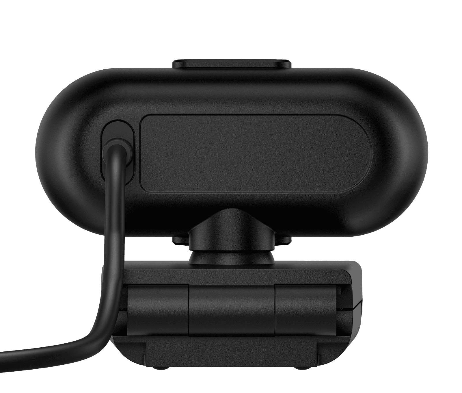 HP 325 FHD Webcam in jet black, rear view showing the folding mount and cable