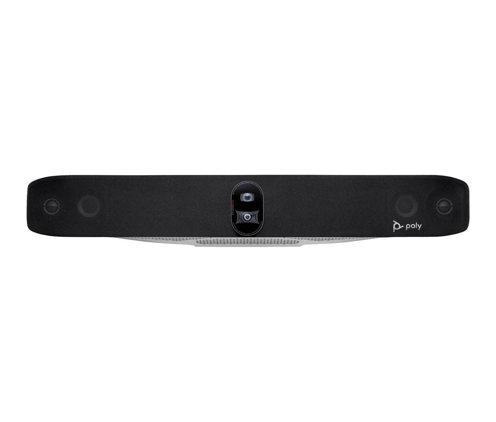 Poly Studio X70 all-in-one video bar in black, front view showing the twin camera lenses