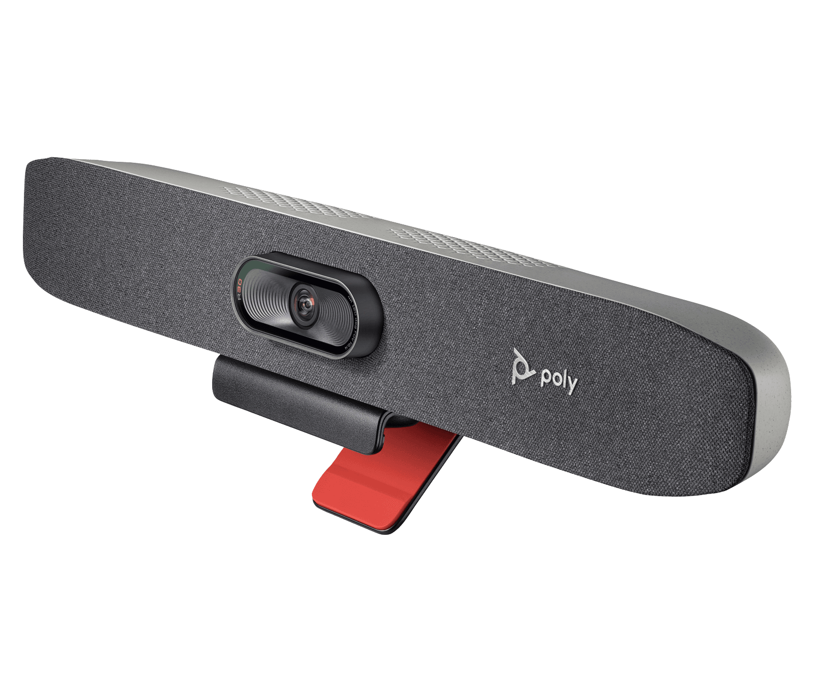 Poly Studio R30 USB video bar on its monitor clamp, left-side view