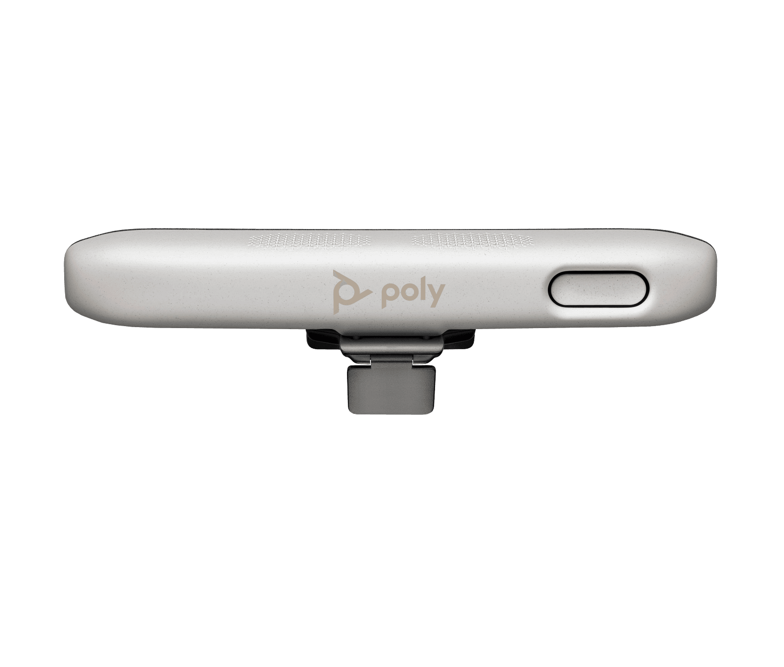 Poly Studio R30 USB video bar on its monitor clamp, rear view showing the ports