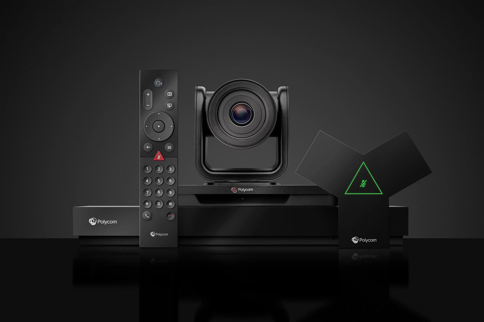 Poly G7500 system components together — codec, EagleEye camera, table microphone and remote (Poly G7500 family image)