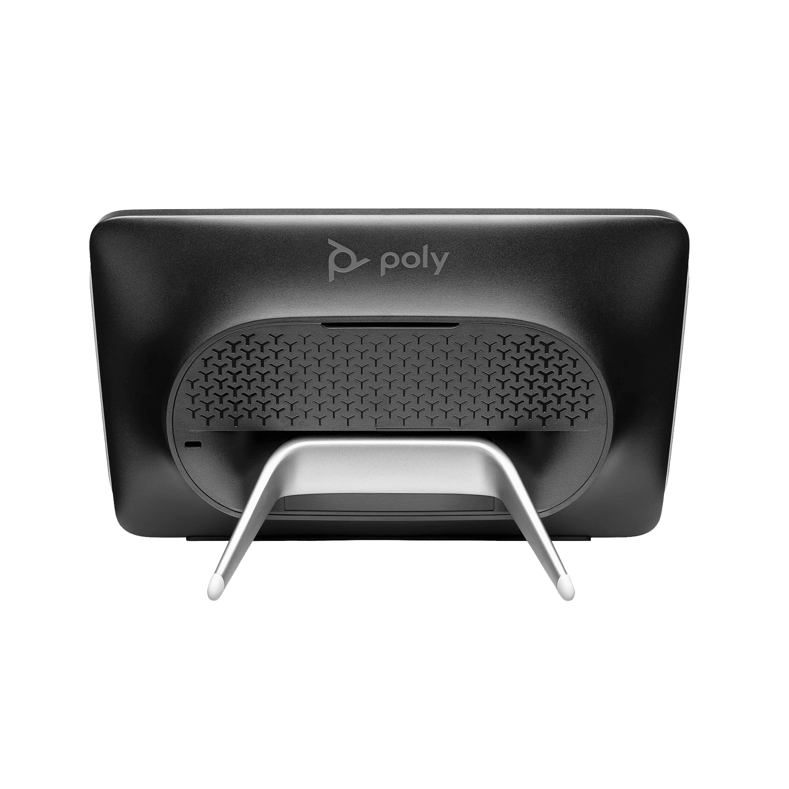 Poly TC10 touch controller in black, rear view showing the stand and RJ-45 port