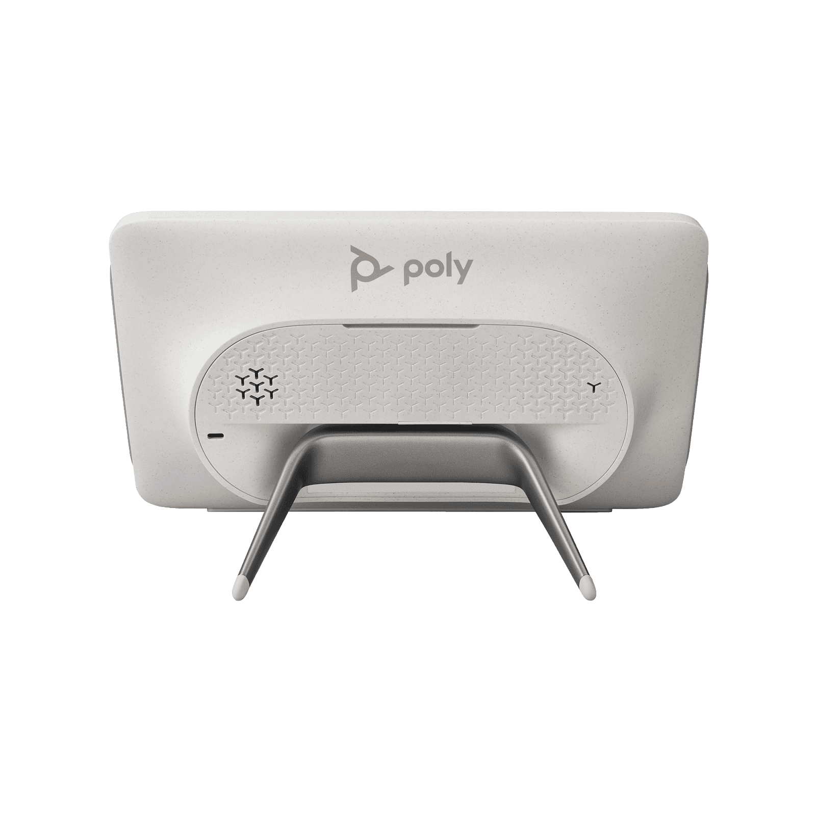 Poly TC10 touch controller in white, rear view showing the stand and RJ-45 port