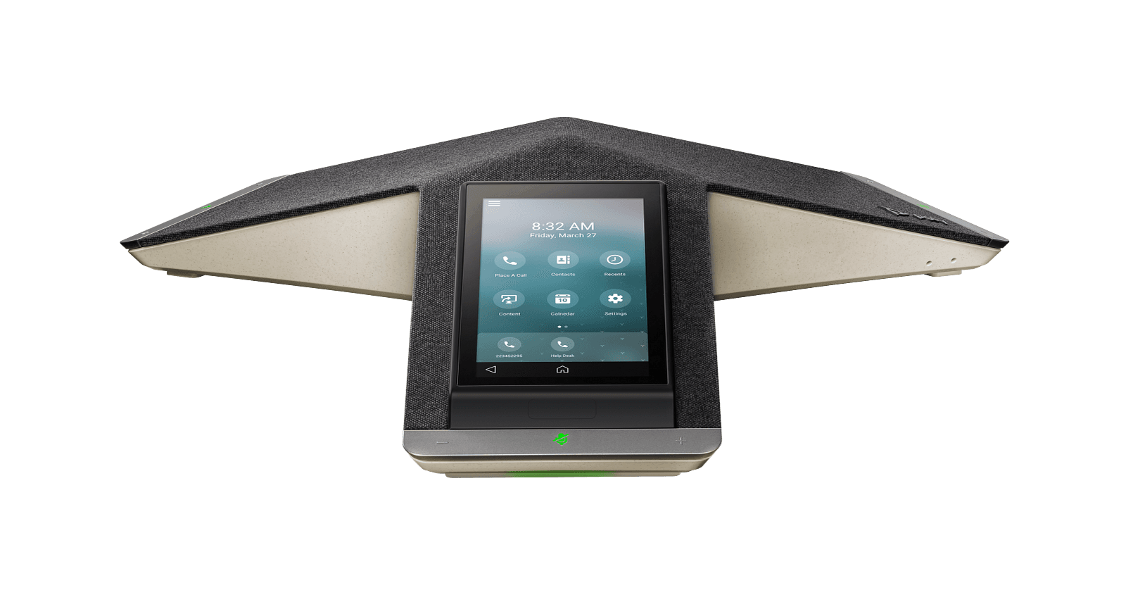 Poly Trio C60 IP conference phone, front-facing view of the touchscreen and speaker grille — Trio C60 family render, not specific to the no-radio GSA/TAA build