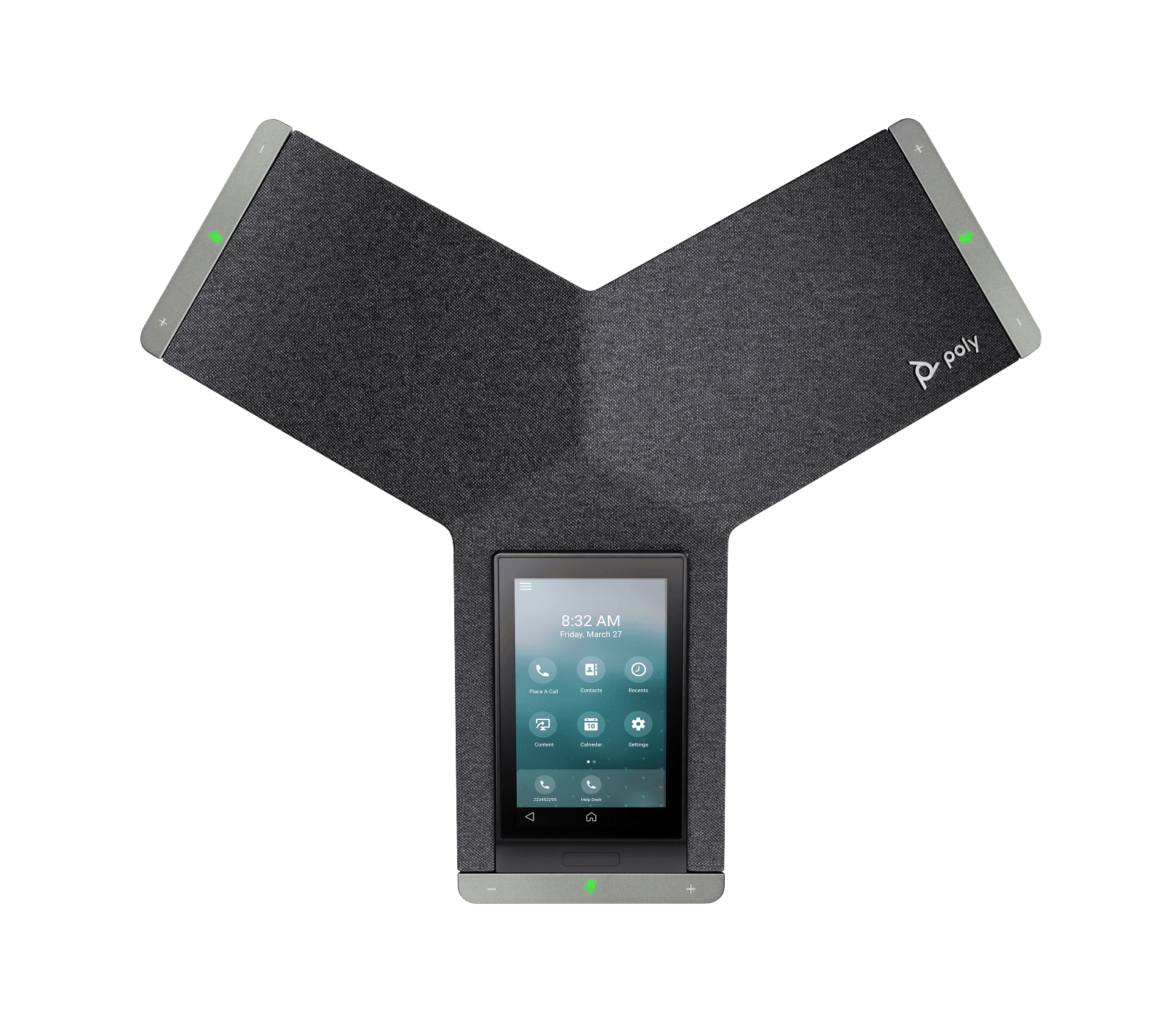 Poly Trio C60 IP conference phone seen from above, showing the three-microphone layout and touchscreen
