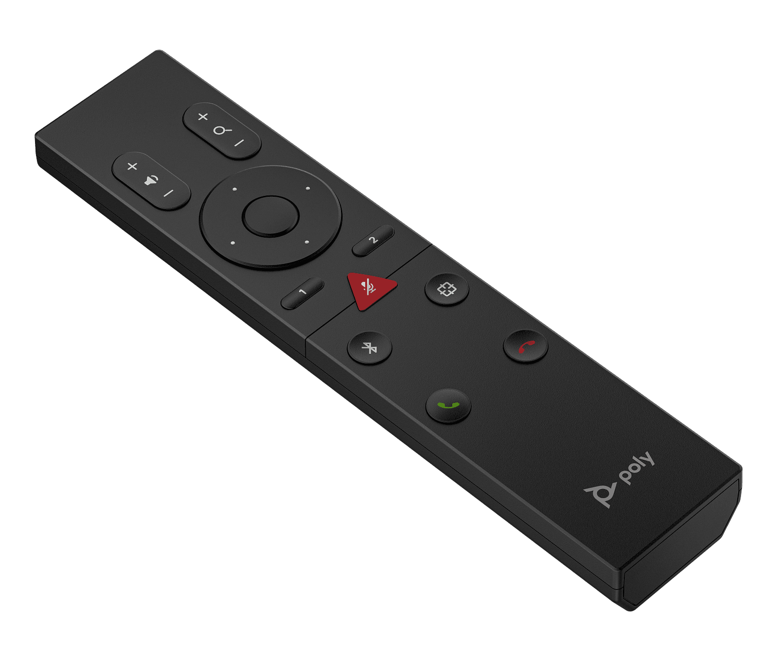 Poly Bluetooth remote control in jet black, front-right view — the shared remote for Studio R30, USB, V12, V52 and V72