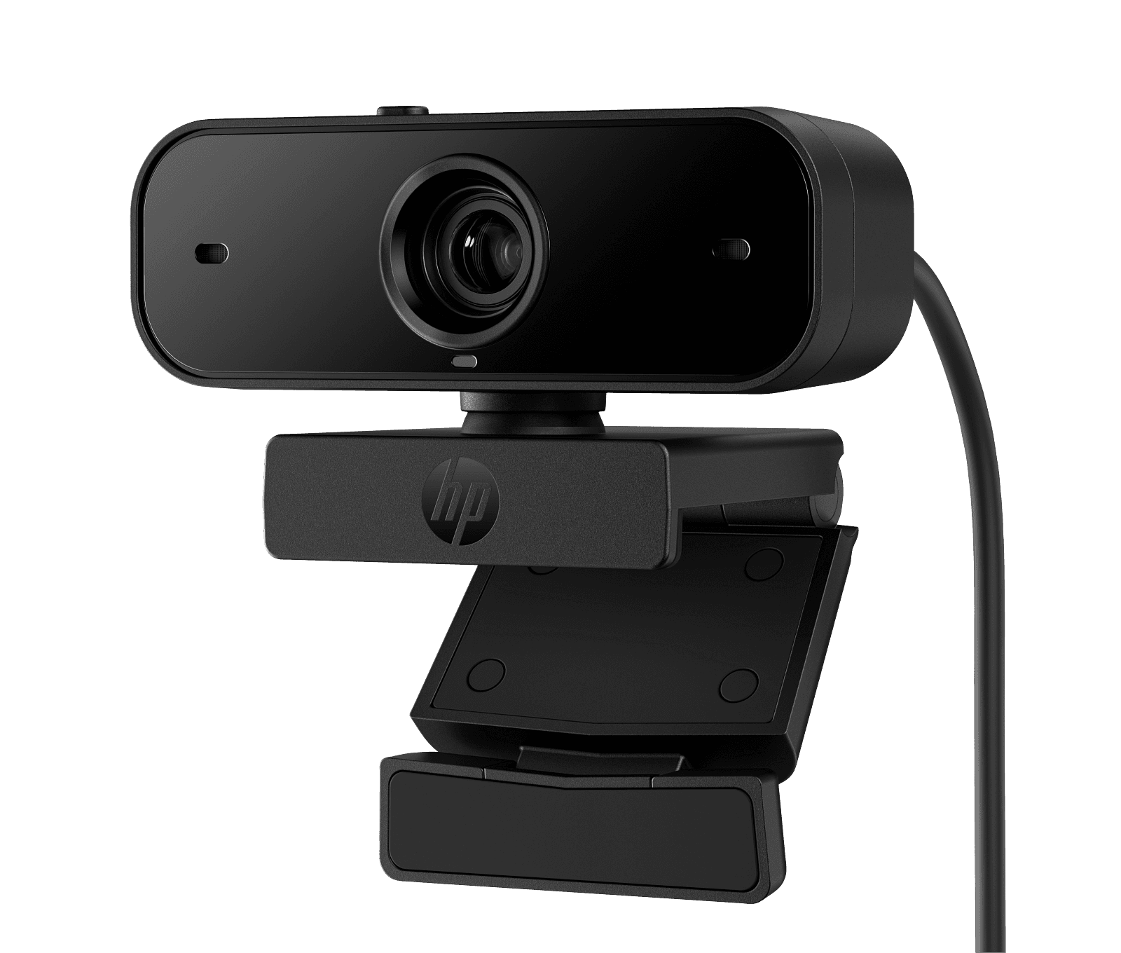 HP 435 FHD Webcam in jet black, front-left three-quarter view with the privacy shutter open