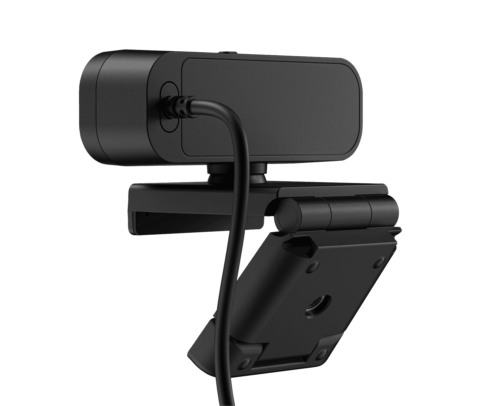 HP 435 FHD Webcam in jet black, rear-left view showing the hinged monitor clip