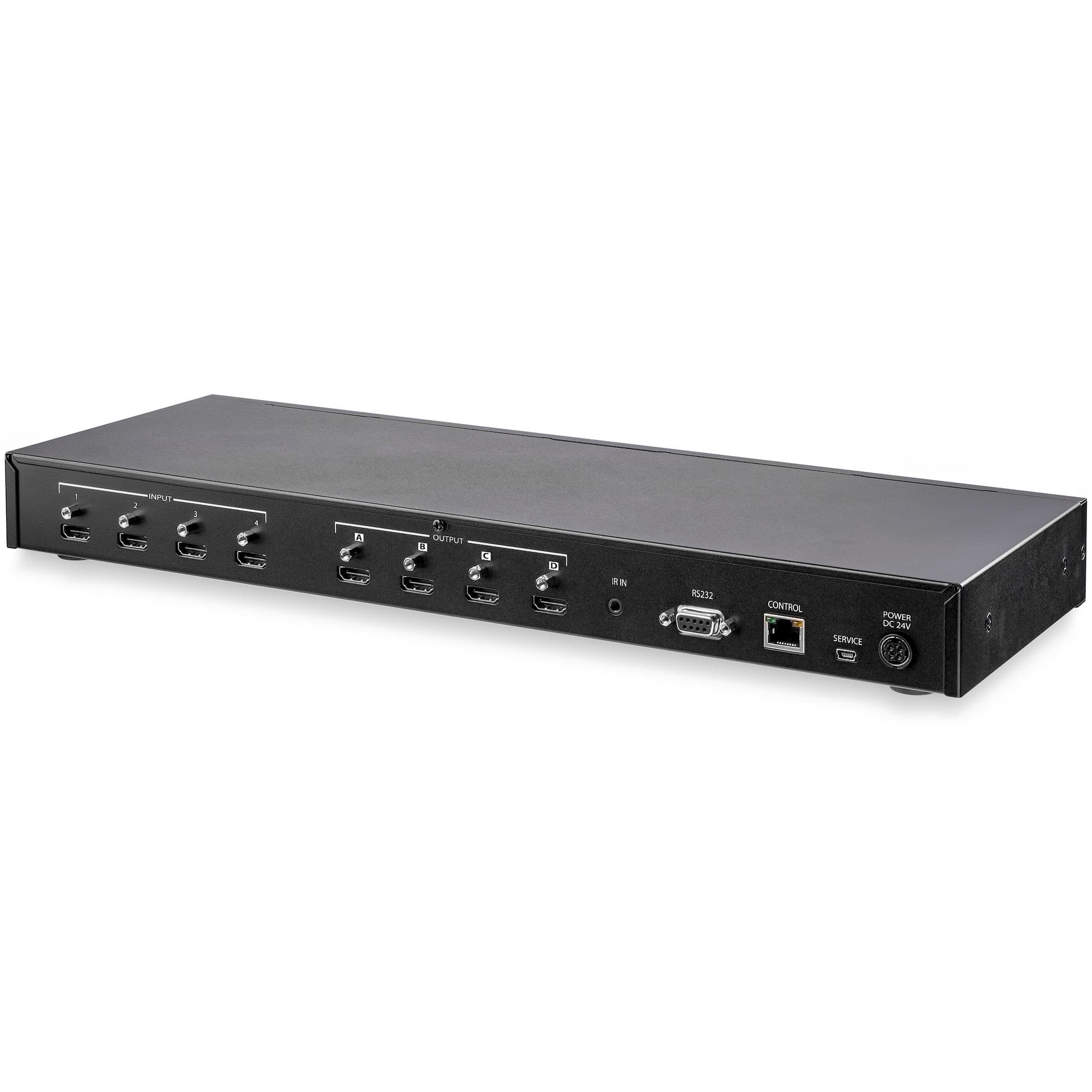 StarTech.com VS424HD4K60 4x4 HDMI Matrix Switch with Audio and Ethernet Control - three-quarter view of the rear panel