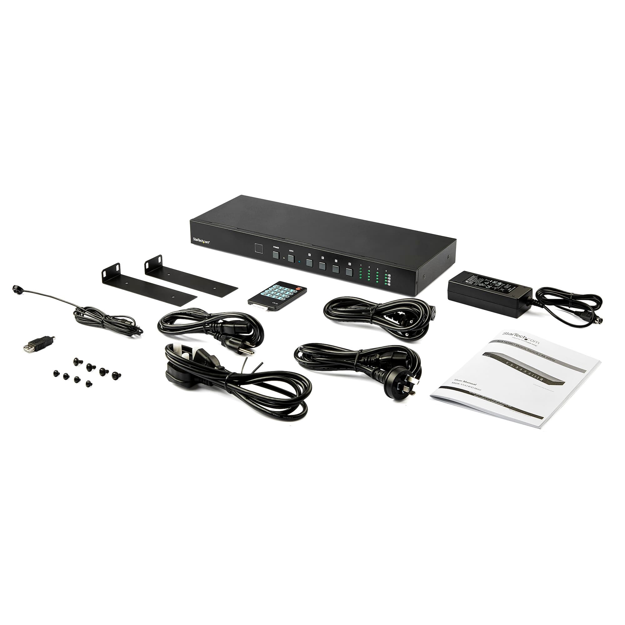 StarTech.com VS424HD4K60 4x4 HDMI Matrix Switch with Audio and Ethernet Control - what is in the box - matrix switch, remote, power adapter, rack brackets and documentation