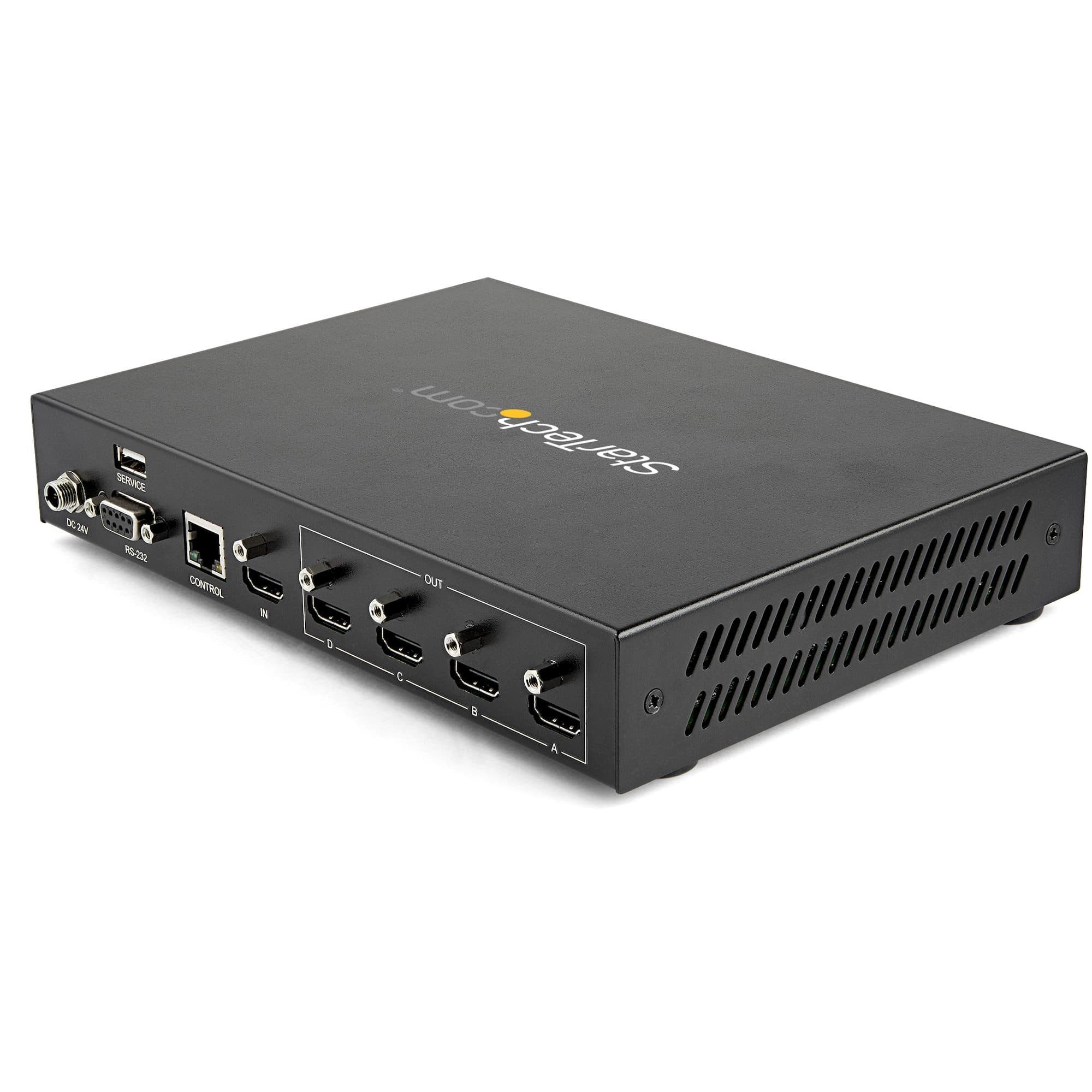 StarTech.com ST124HDVW 2x2 HDMI Video Wall Controller - three-quarter view showing the rear connector panel