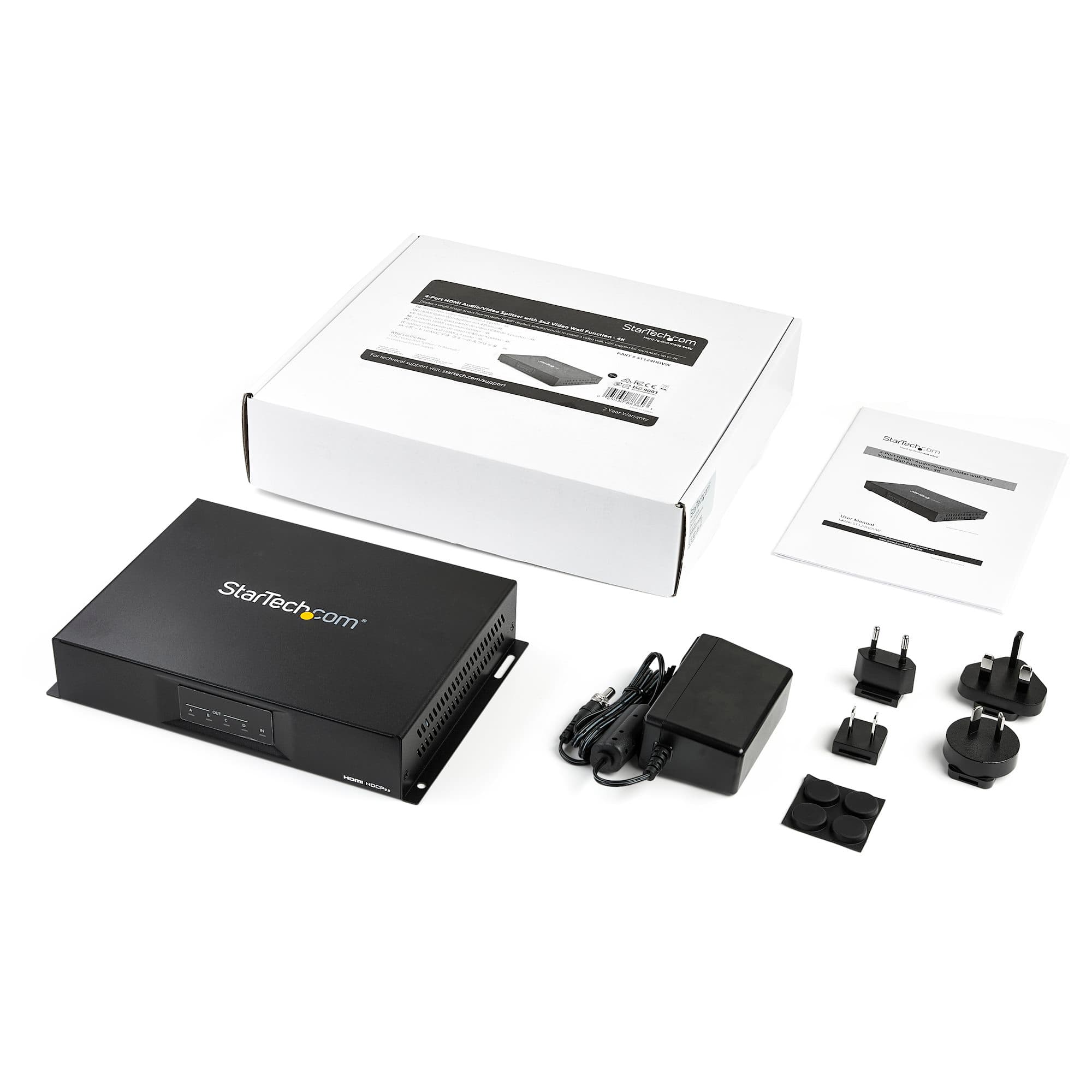 StarTech.com ST124HDVW 2x2 HDMI Video Wall Controller - what is in the box - controller, power adapter with international plugs, mounting brackets and quick-start guide