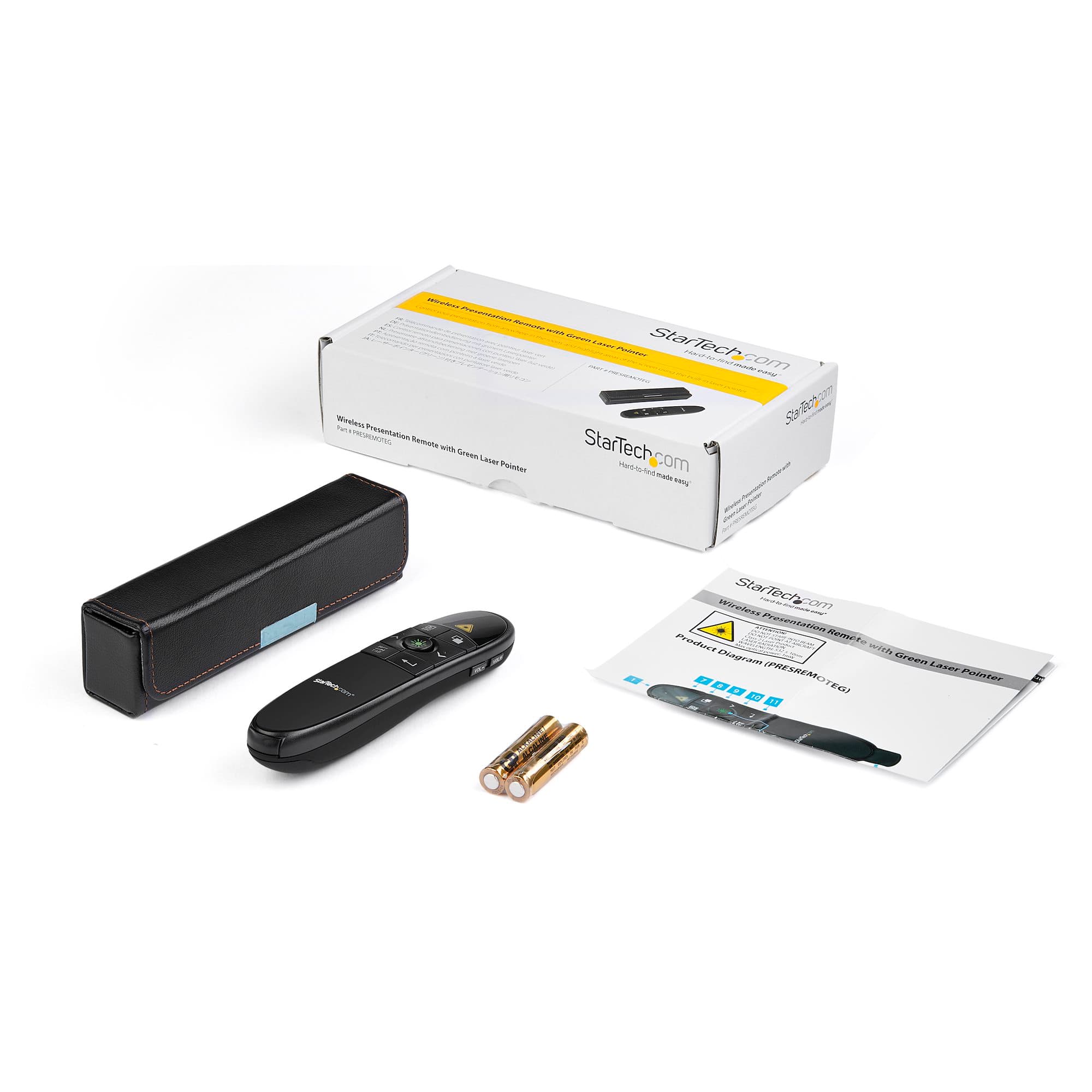 StarTech.com PRESREMOTEG Wireless Presentation Remote with Green Laser Pointer - retail packaging with the remote, USB receiver and batteries
